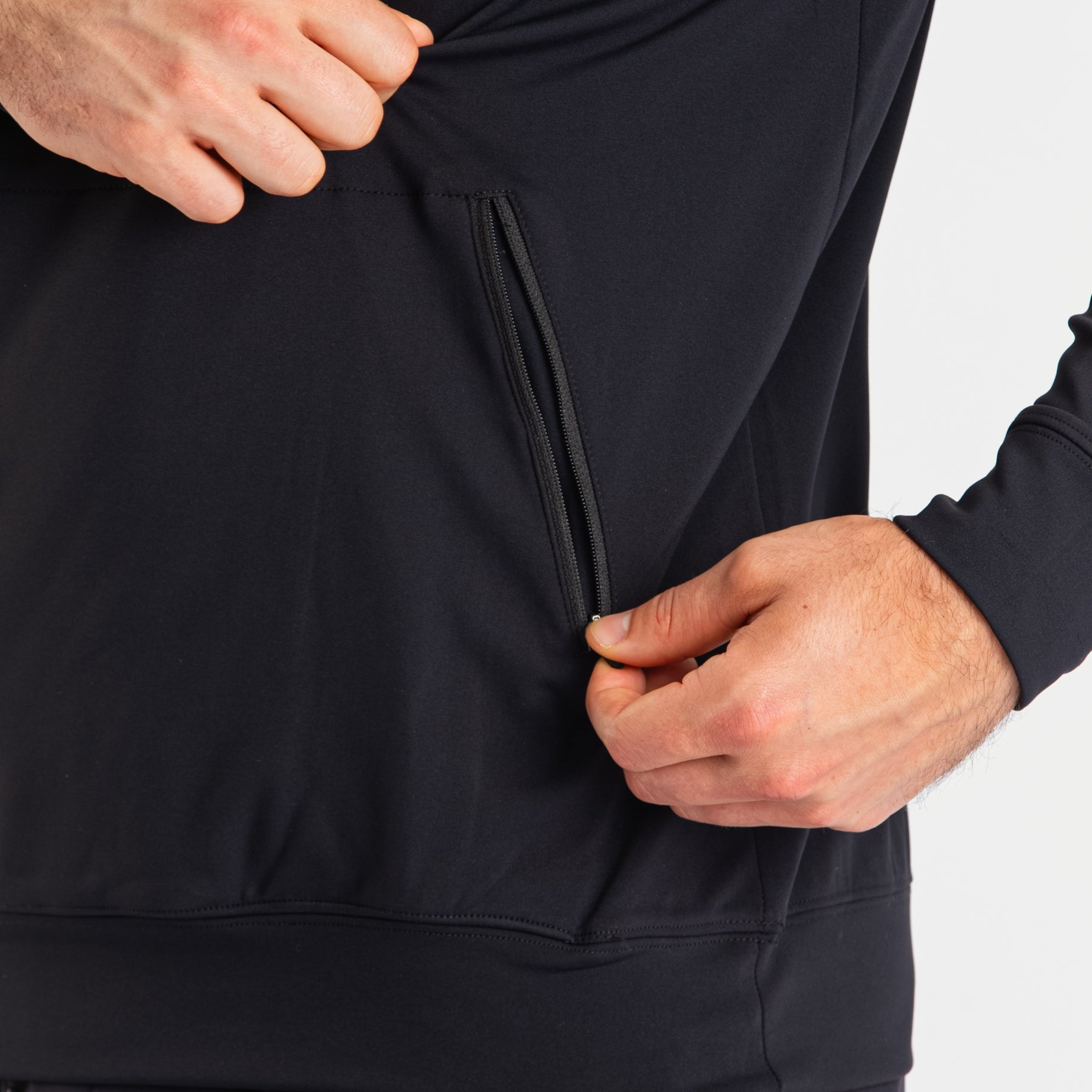 Close-up of the zippered pocket on the A7 Cobra Quarter Zip Jacket – Stealth, designed for secure storage with a clean, minimalist finish.