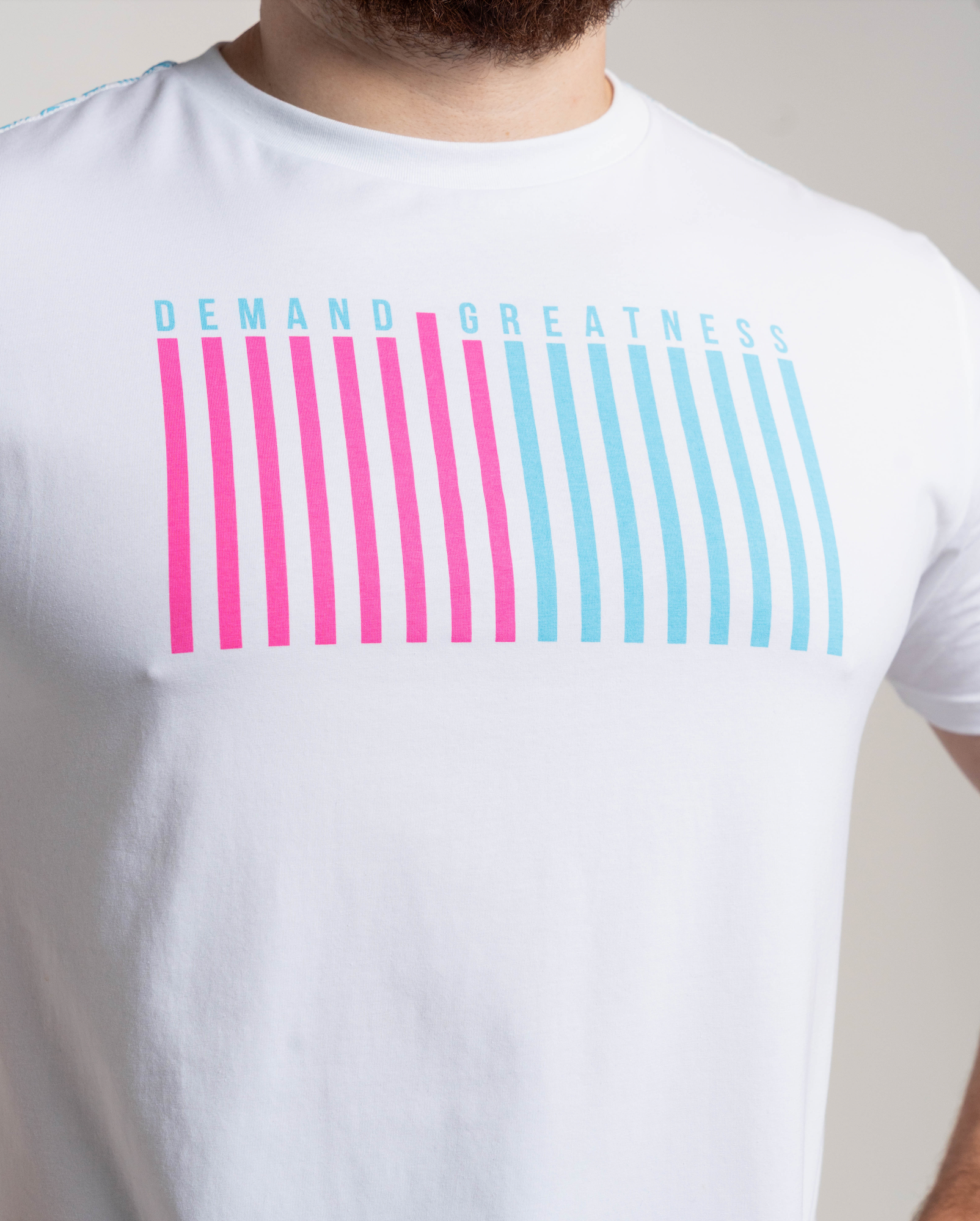 White t-shirt with 'Demand Greatness' text and pink and blue striped design on a plain background