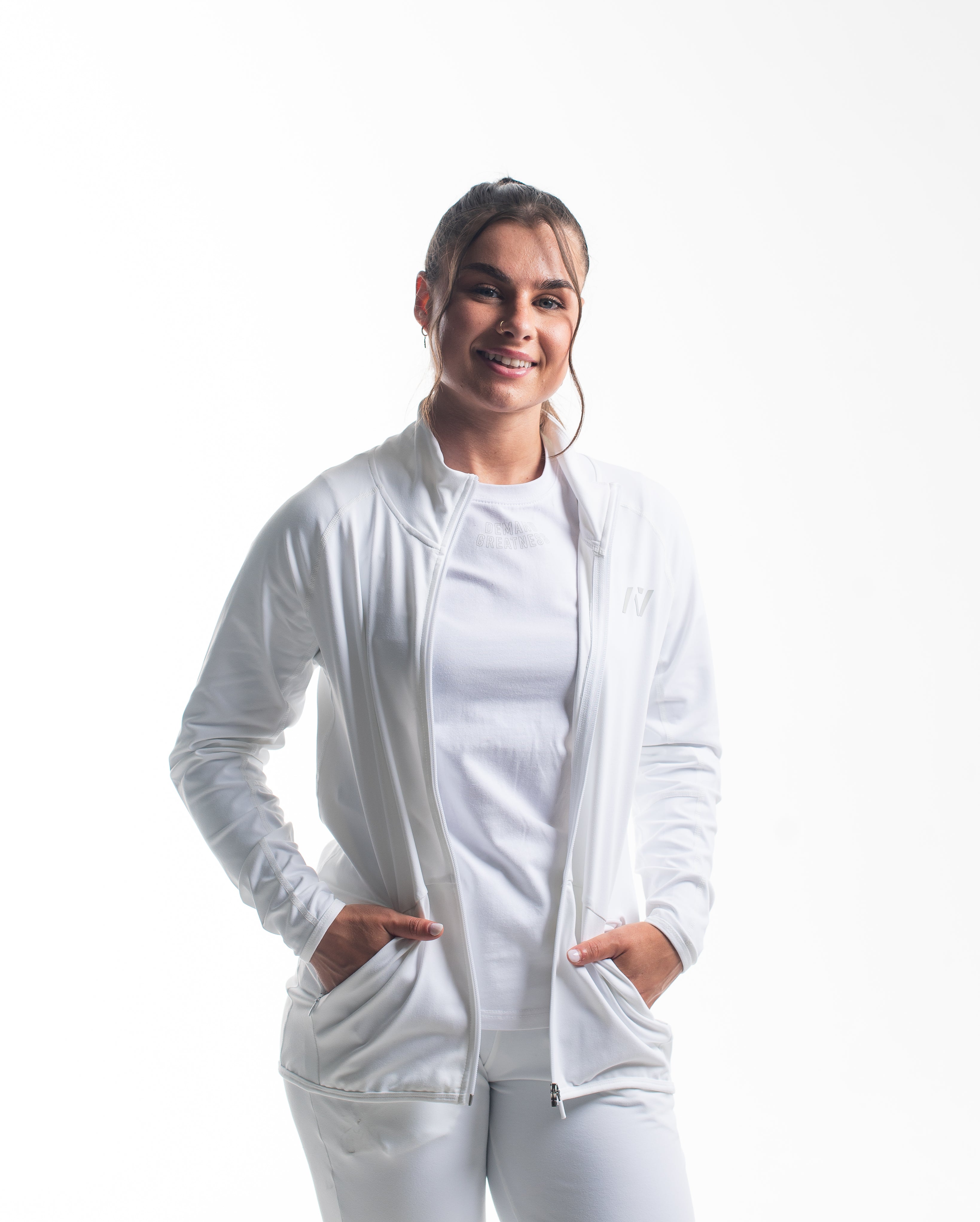 Front view of the Defy Jacket – Polar, showing tapered fit and full zip.