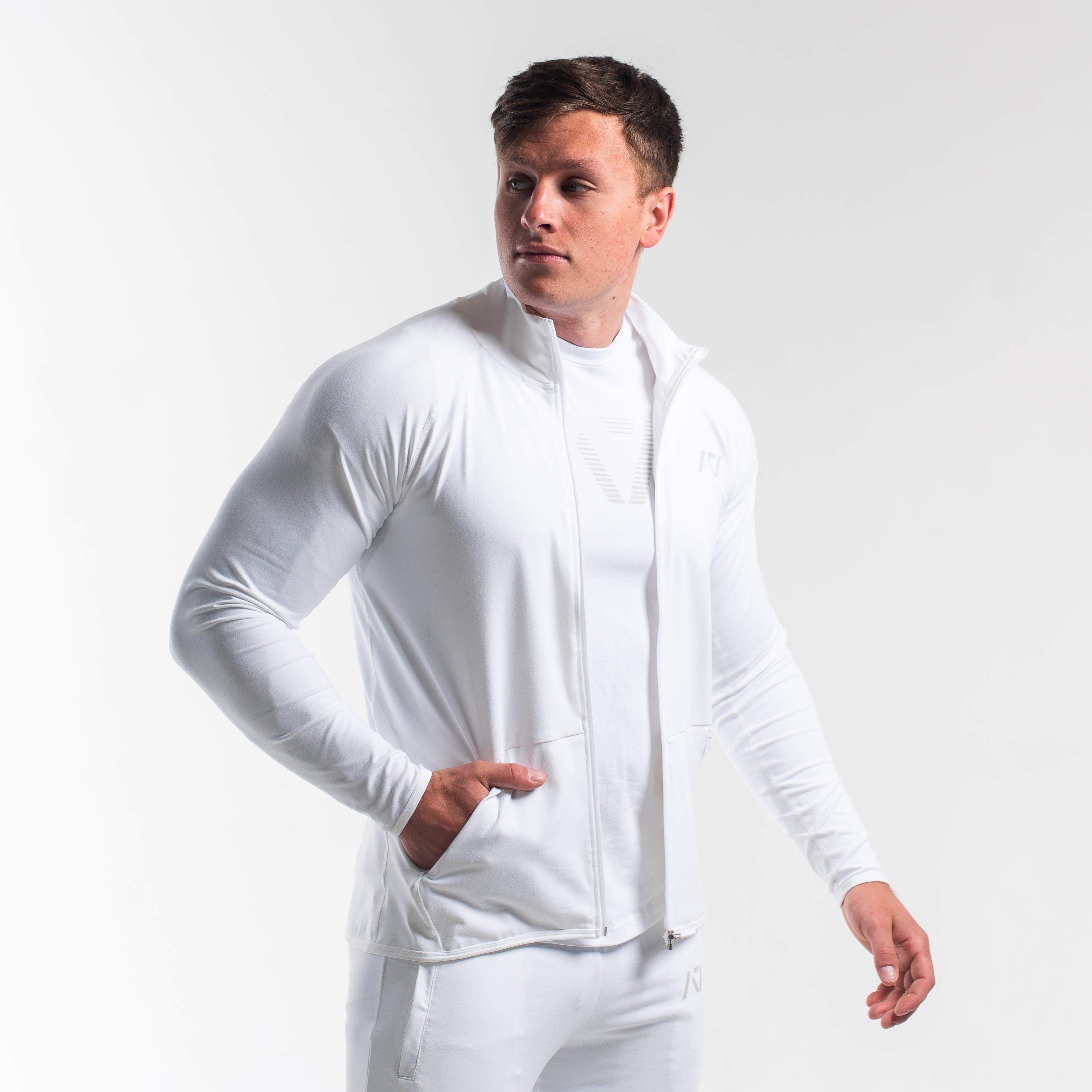 Front view of the Defy Jacket – Polar, showing tapered fit and full zip.