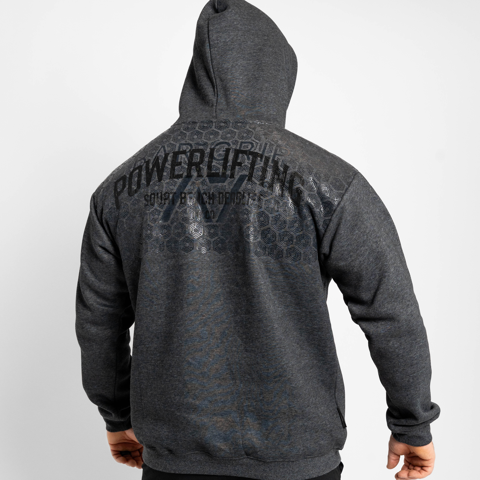 Dark gray hoodie with 'Powerlifting' text on the back with bar grip against a white background