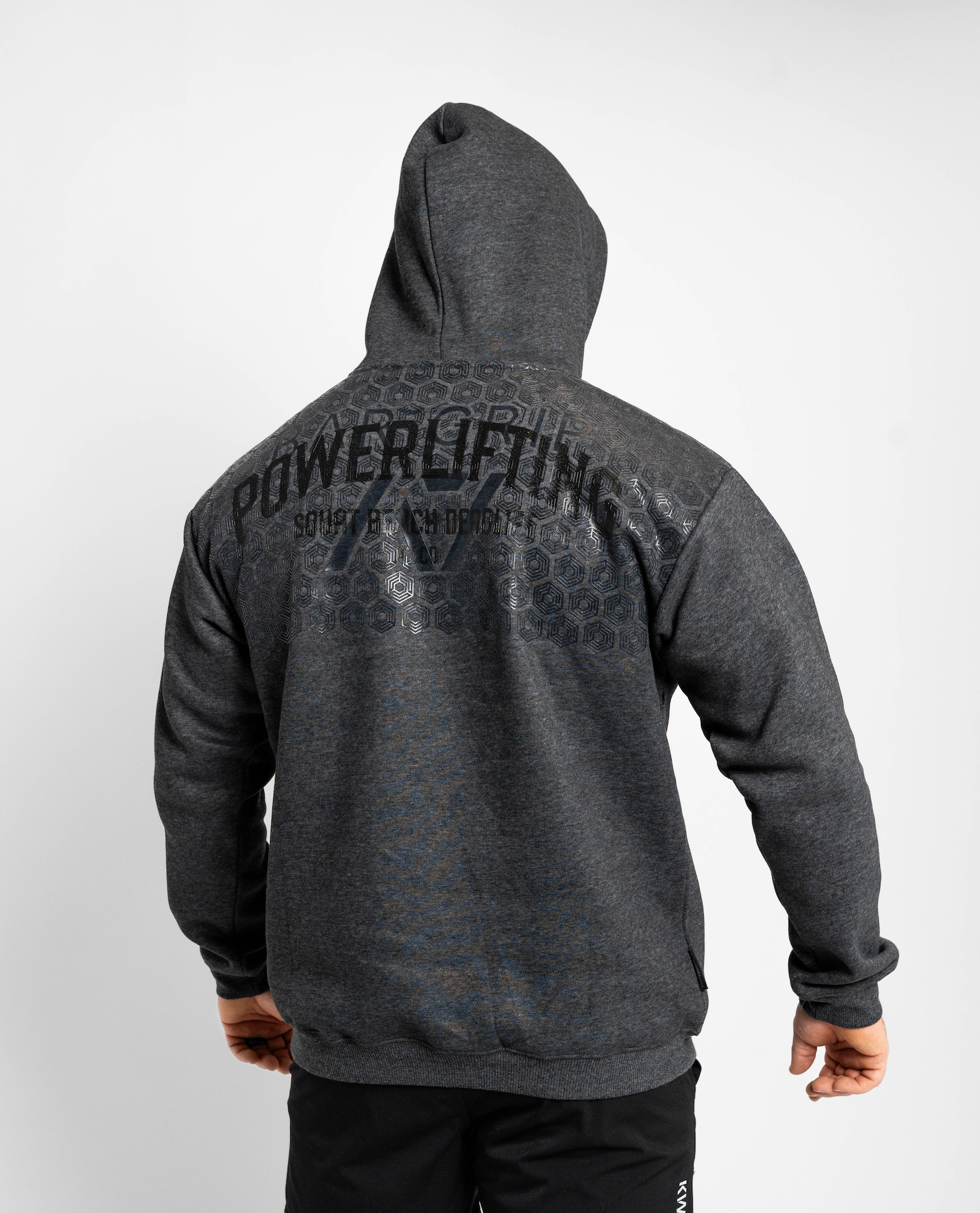 Dark gray hoodie with 'Powerlifting' text on the back with bar grip against a white background
