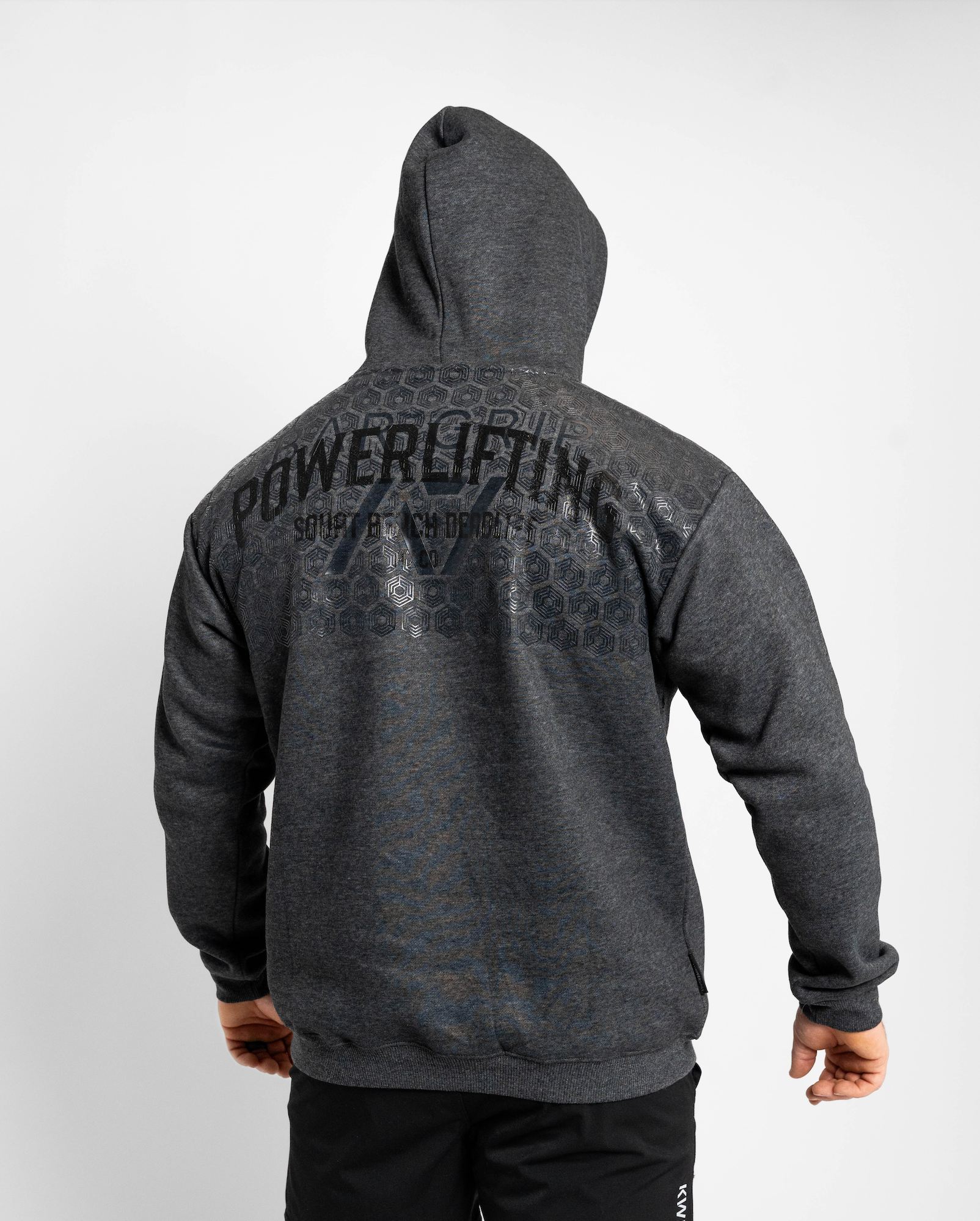 Dark gray hoodie with 'Powerlifting' text on the back with bar grip against a white background