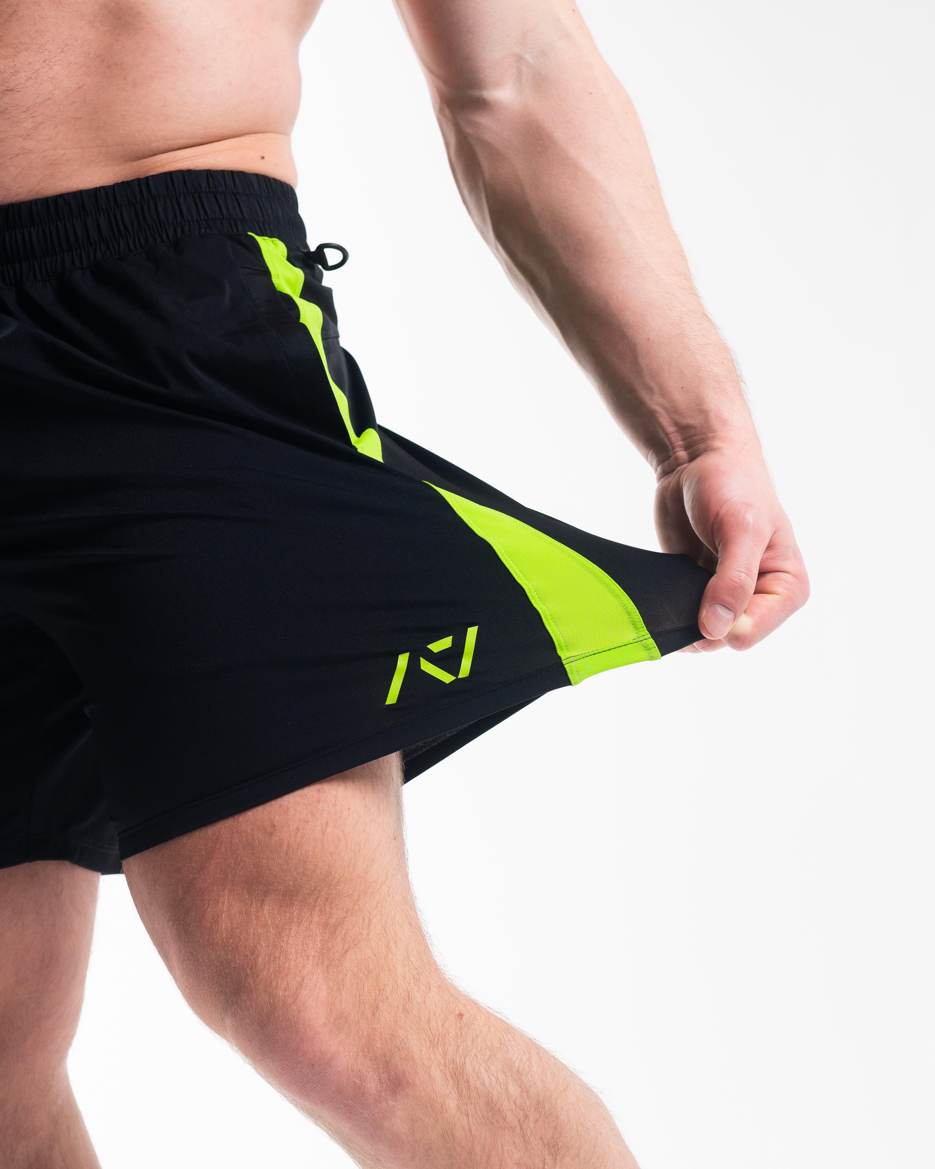 Close-up of 360-degree stretch fabric on Alien 360Go Shorts for complete mobility and comfort.