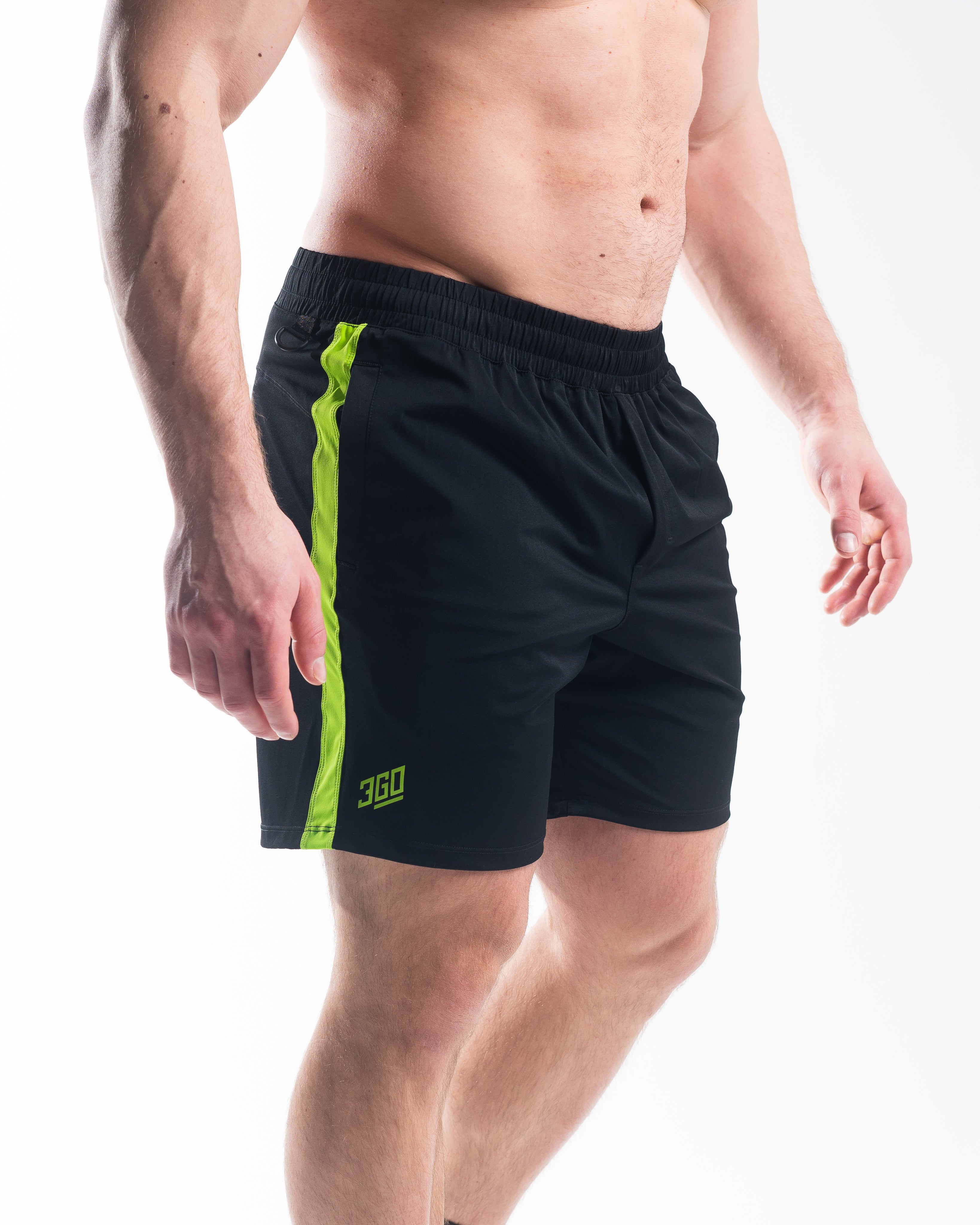 Front view of A7 360Go KWD Shorts in Alien green featuring wide waistband, short inseam, and bold athletic fit.