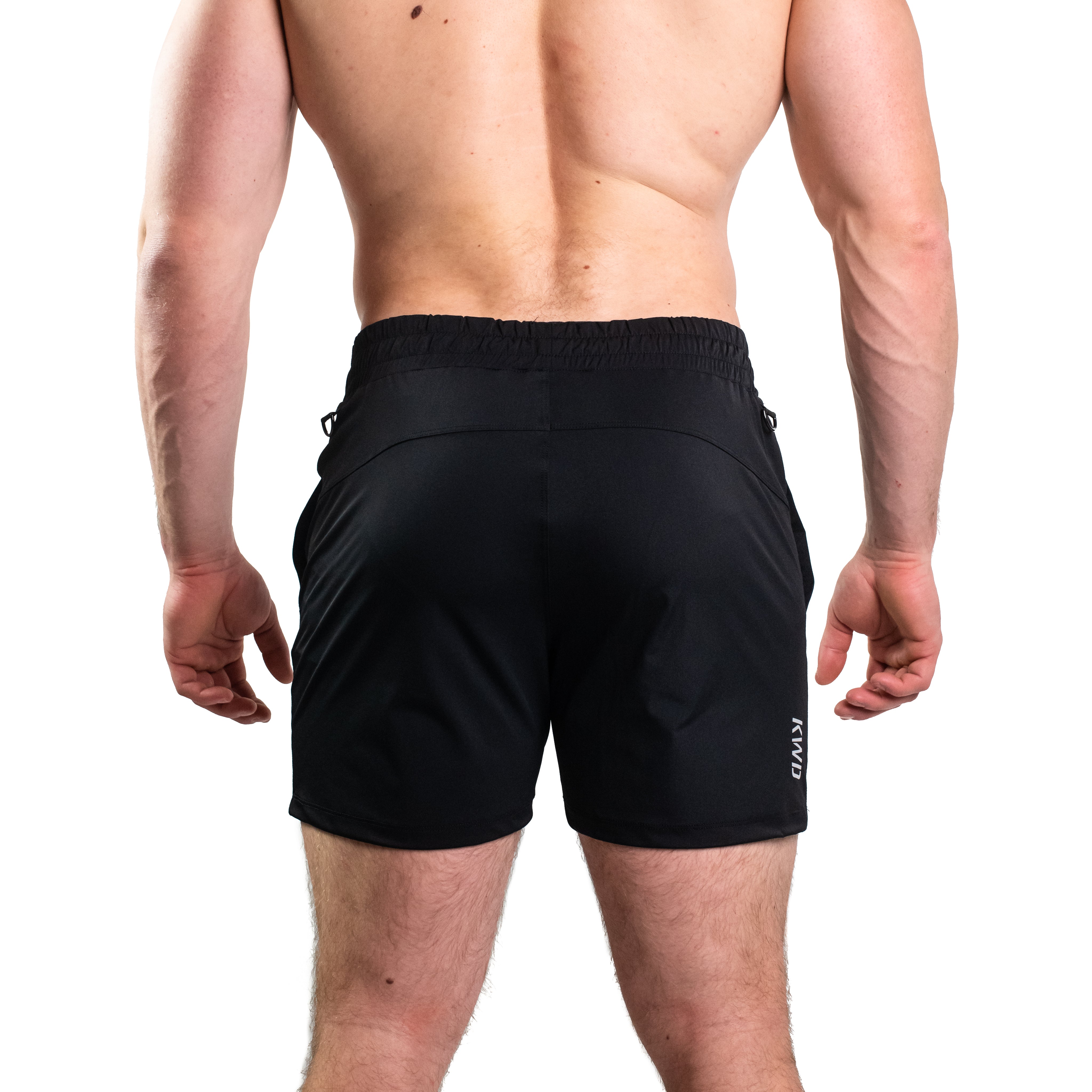 Rear view of A7 360Go KWD Shorts in Black featuring key clips and fit.