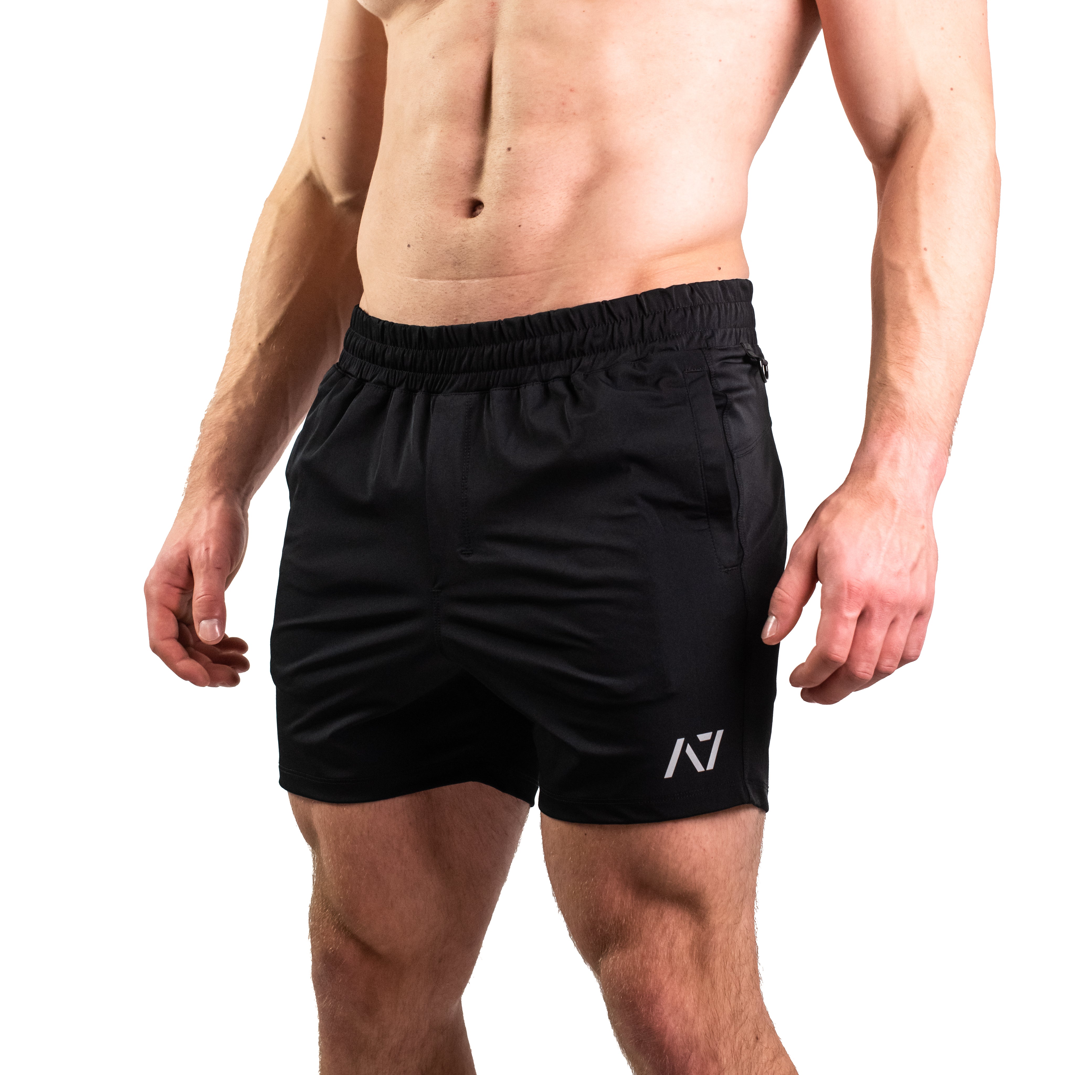 Front view of A7 360Go KWD Shorts in Black showcasing wide waistband, athletic cut, and minimalist design.
