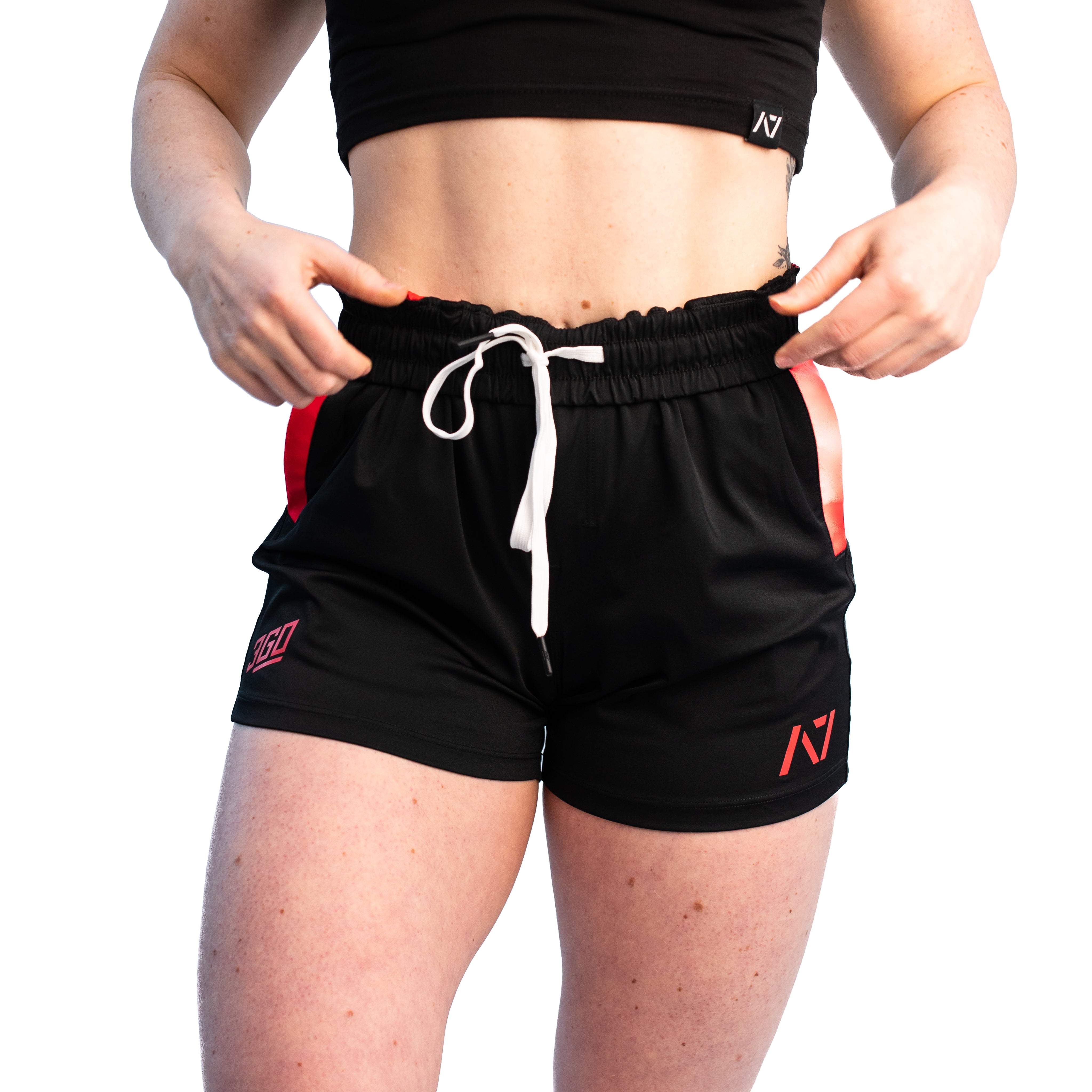 Front view of A7 360Go KWD Shorts in Inferno featuring red and black contrast, wide waistband, and athletic fit.