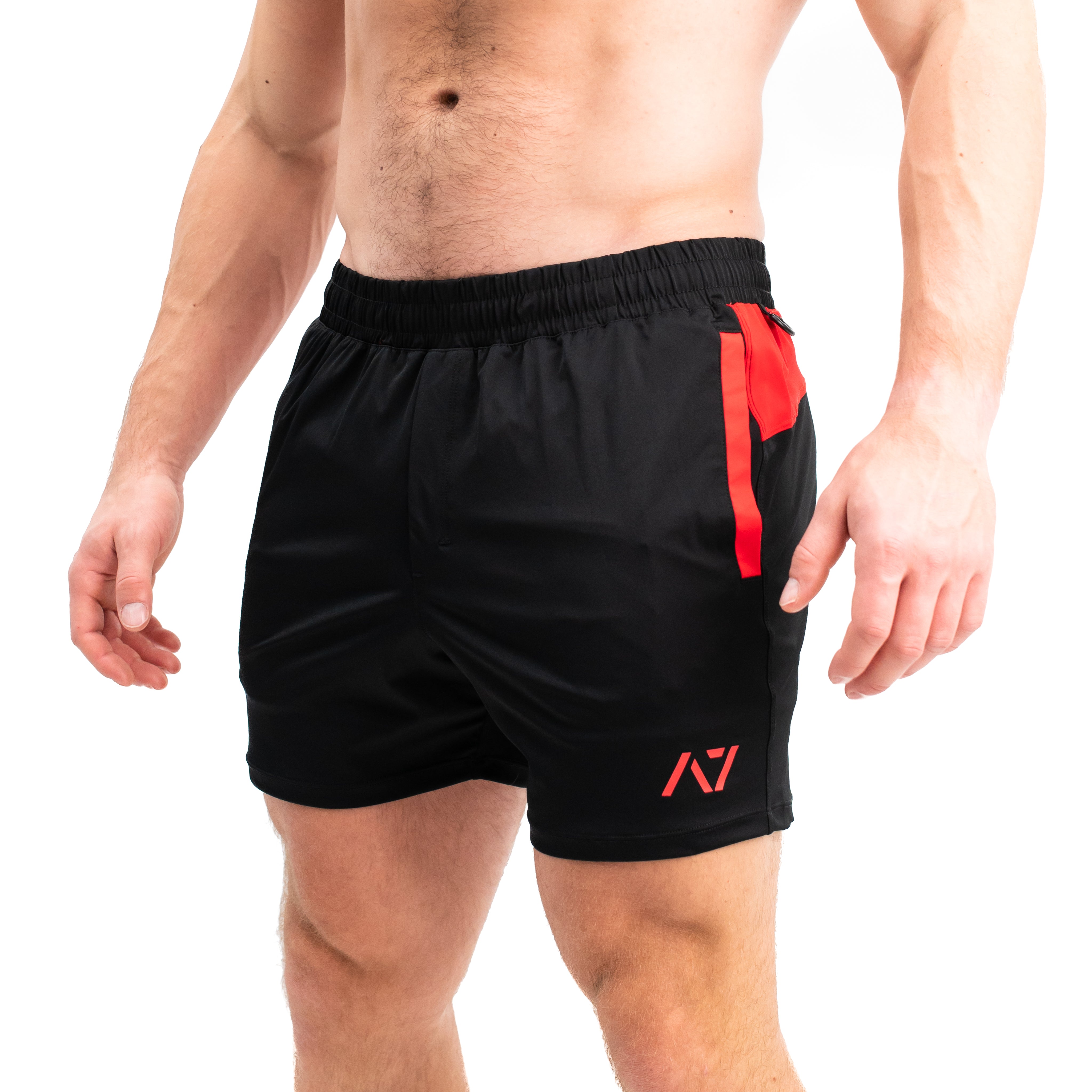 Front view of A7 360Go KWD Shorts in Inferno featuring red and black contrast, wide waistband, and athletic fit.