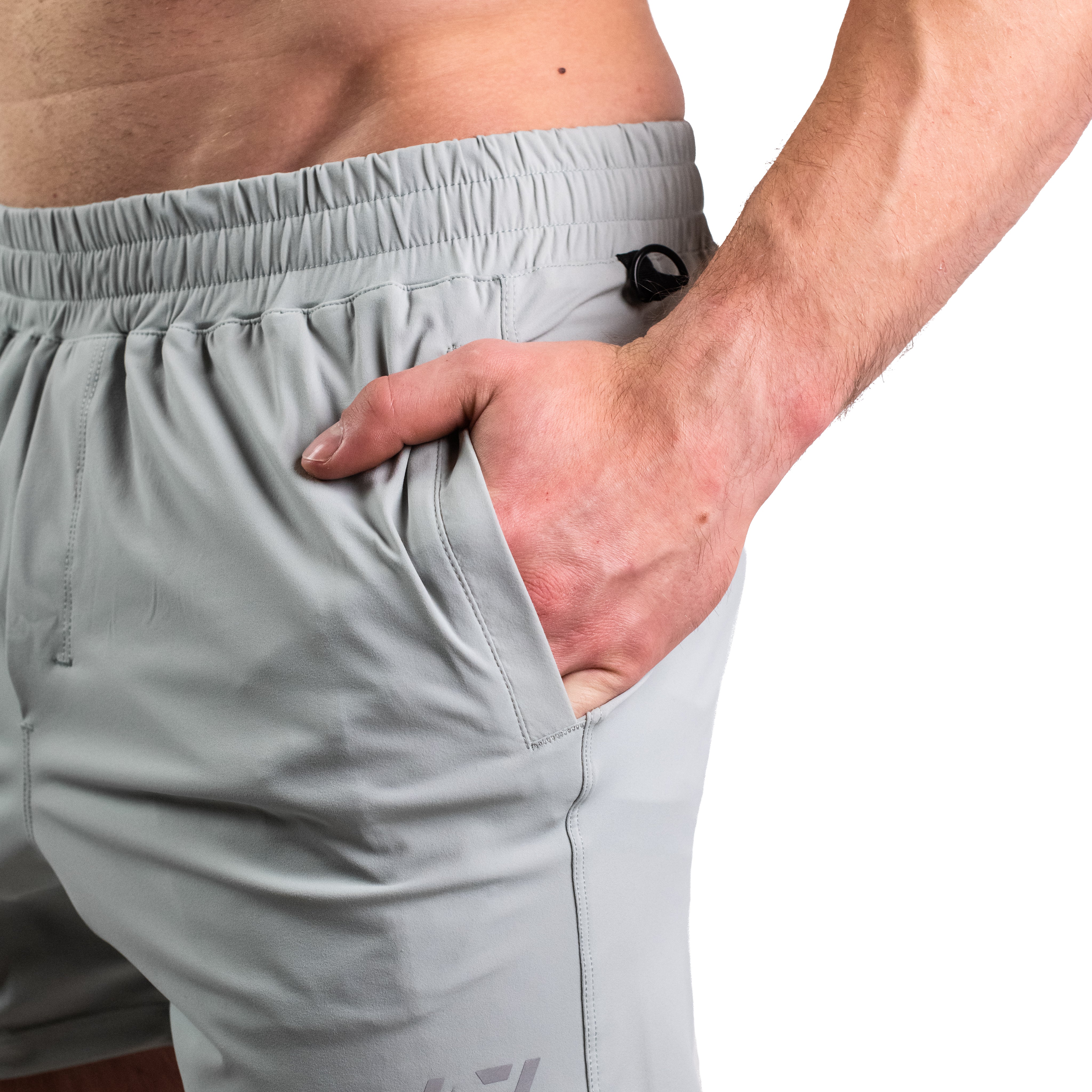 Close-up of ripstop nylon pocket and mini hidden wallet compartment on Light Gray 360Go Shorts for secure storage.