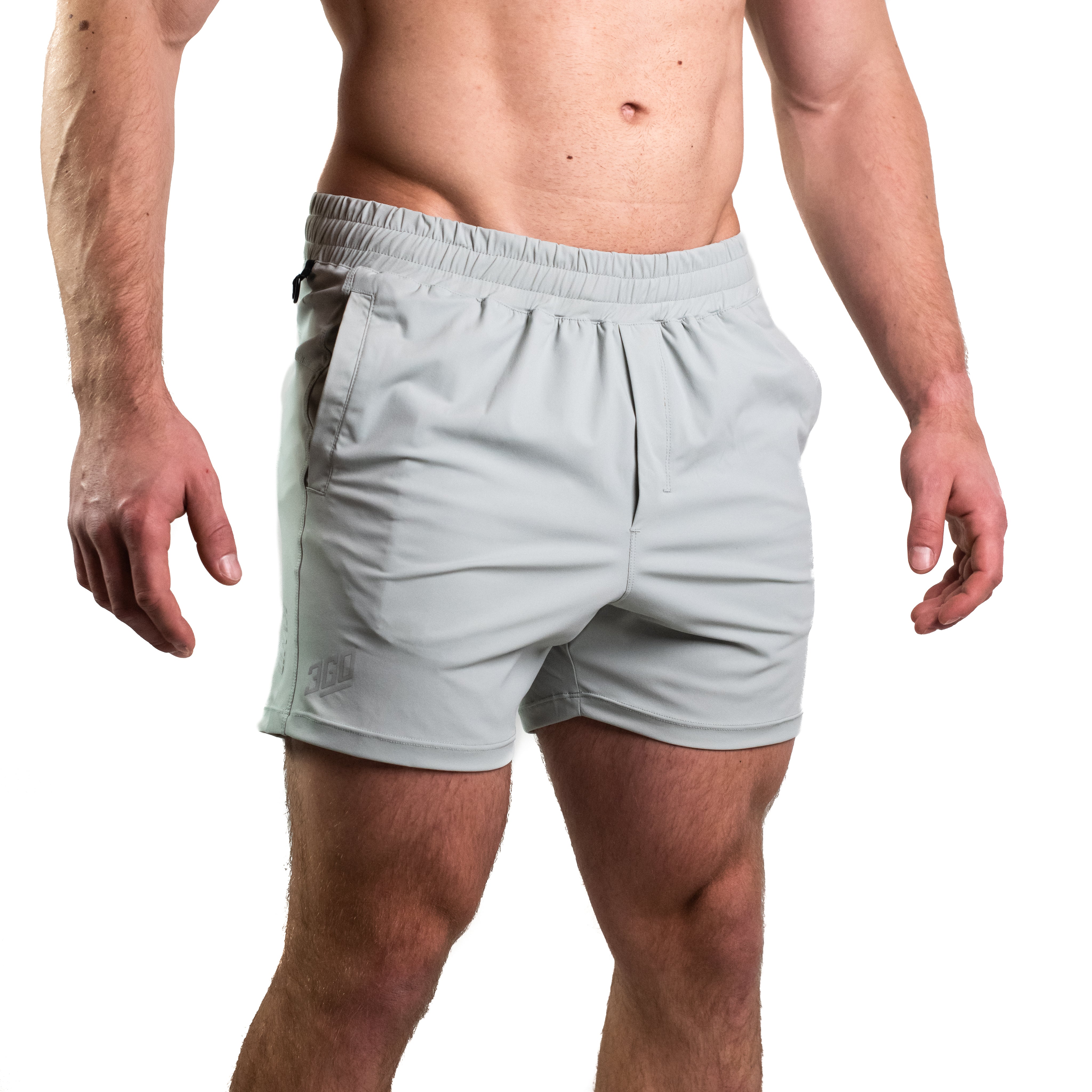 Side profile of Light Gray 360Go KWD Shorts showing shorter inseam cut and flexible, athletic construction.