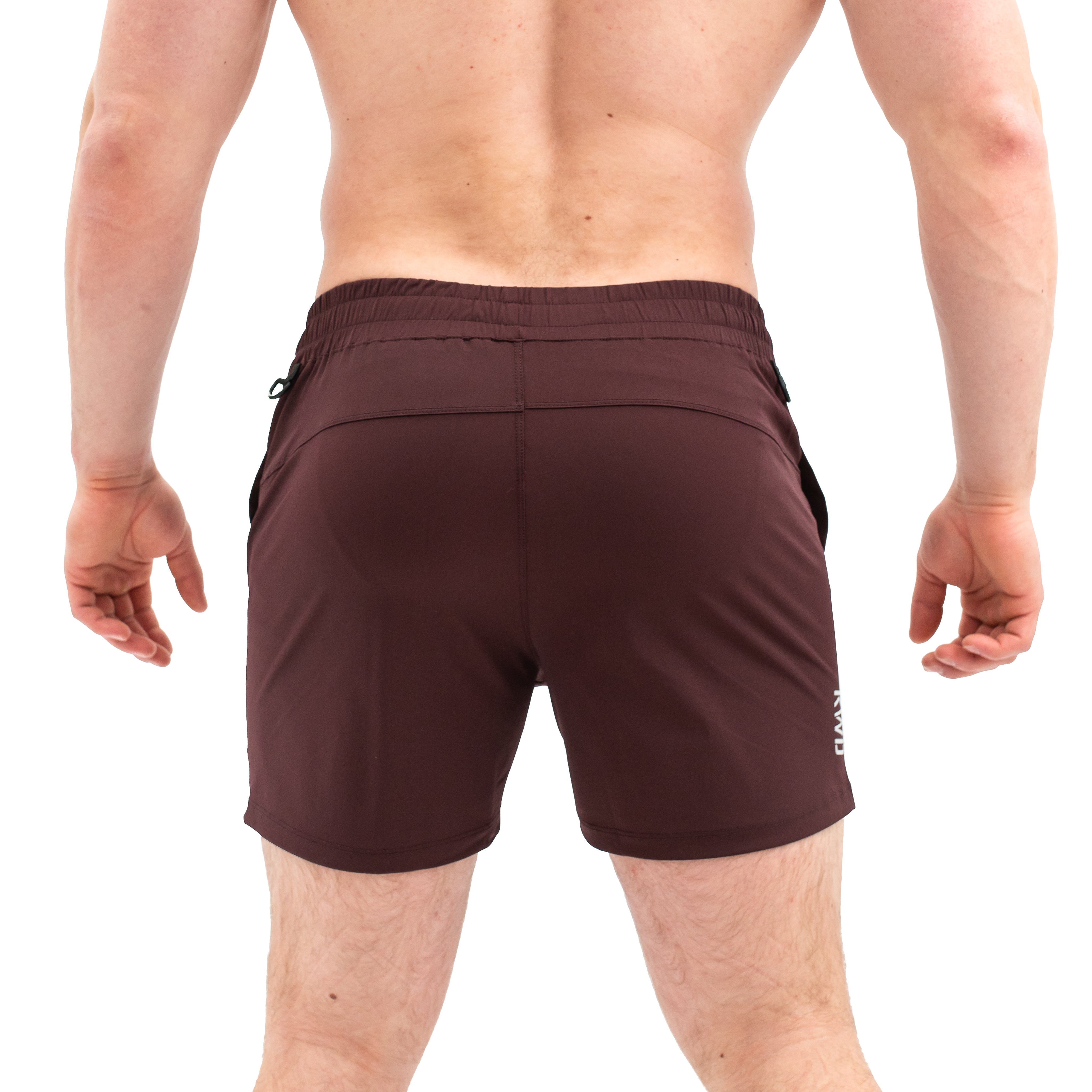 Rear view of A7 360Go KWD Shorts in Mahogany with loop-through ripstop pockets and tapered performance cut.