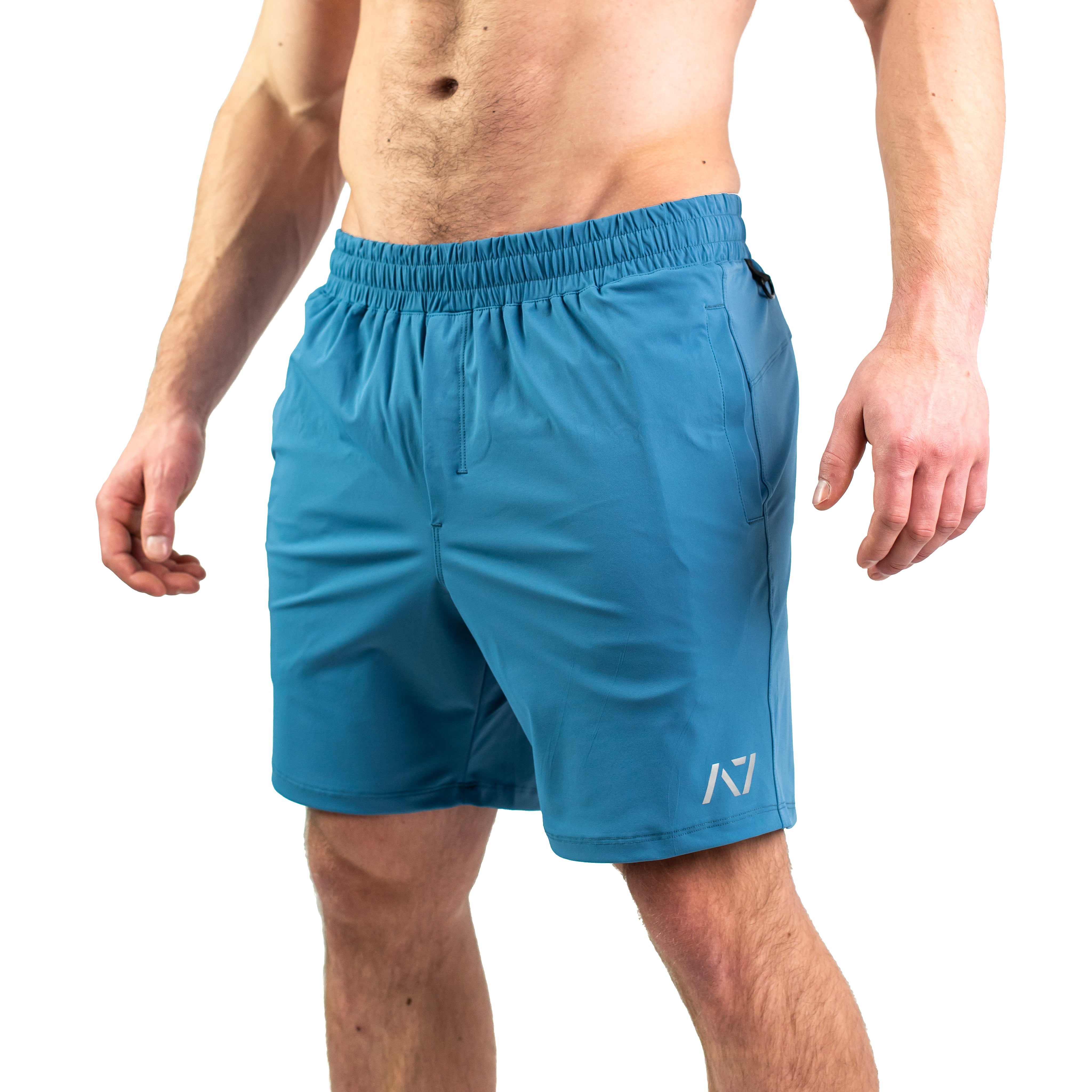 Front view of A7 360Go Shorts in Honor olive green, Regular inseam, with wide waistband and minimalist design.
