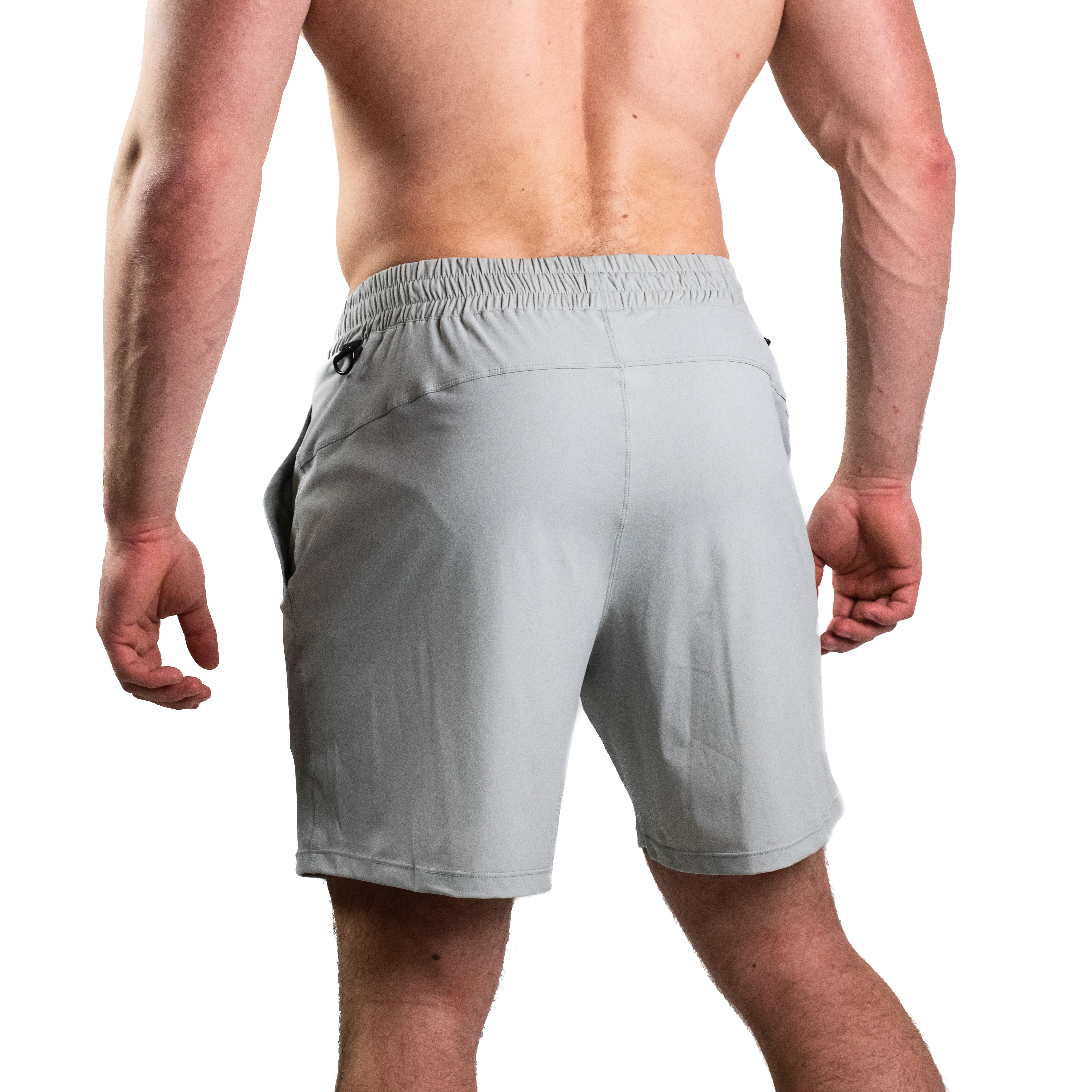 Rear view of A7 360Go Shorts in Light Gray with loop-through ripstop pockets and clean, minimalist performance silhouette.