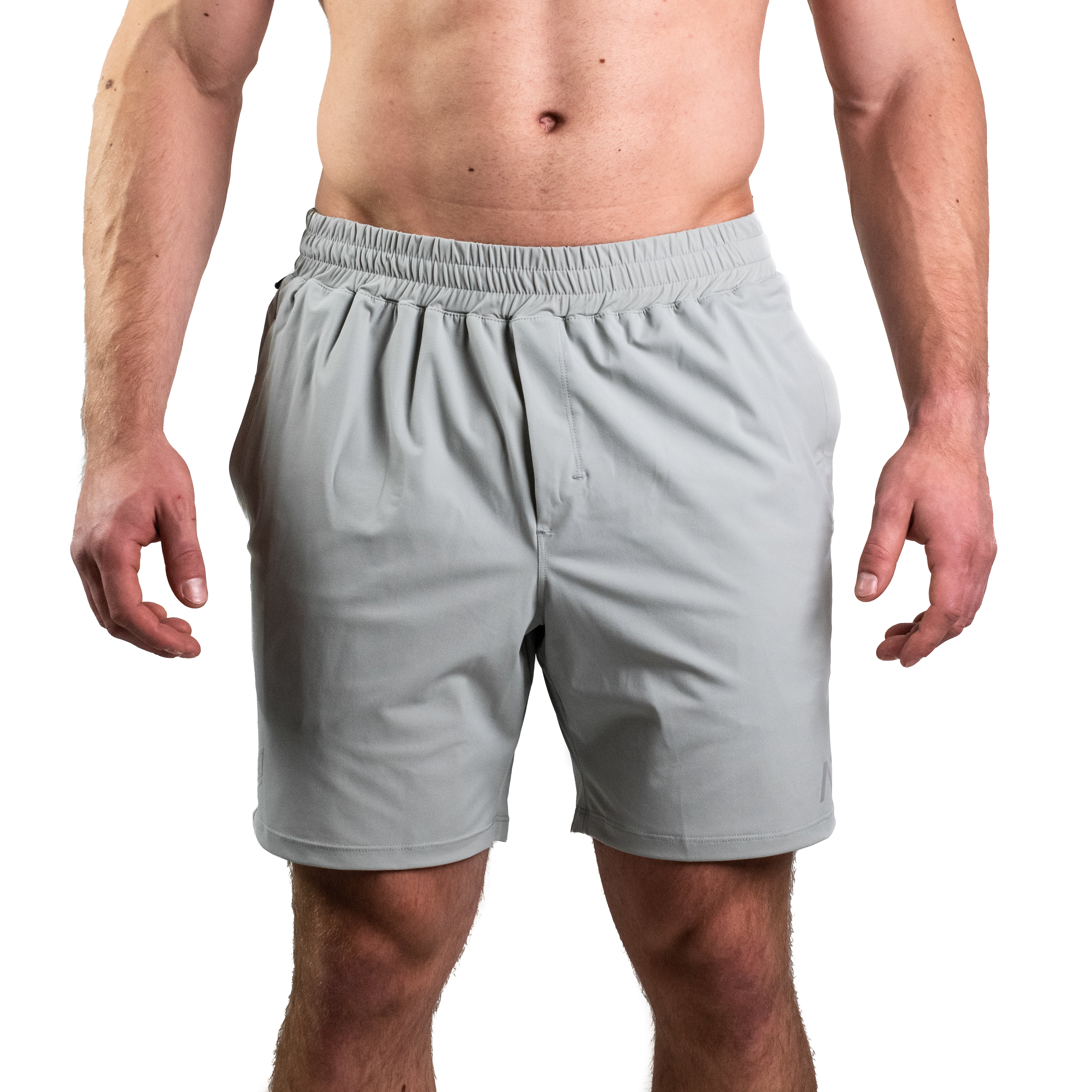 Front view of A7 360Go Shorts in Light Gray, Regular inseam, showing clean design, wide waistband, and athletic fit.