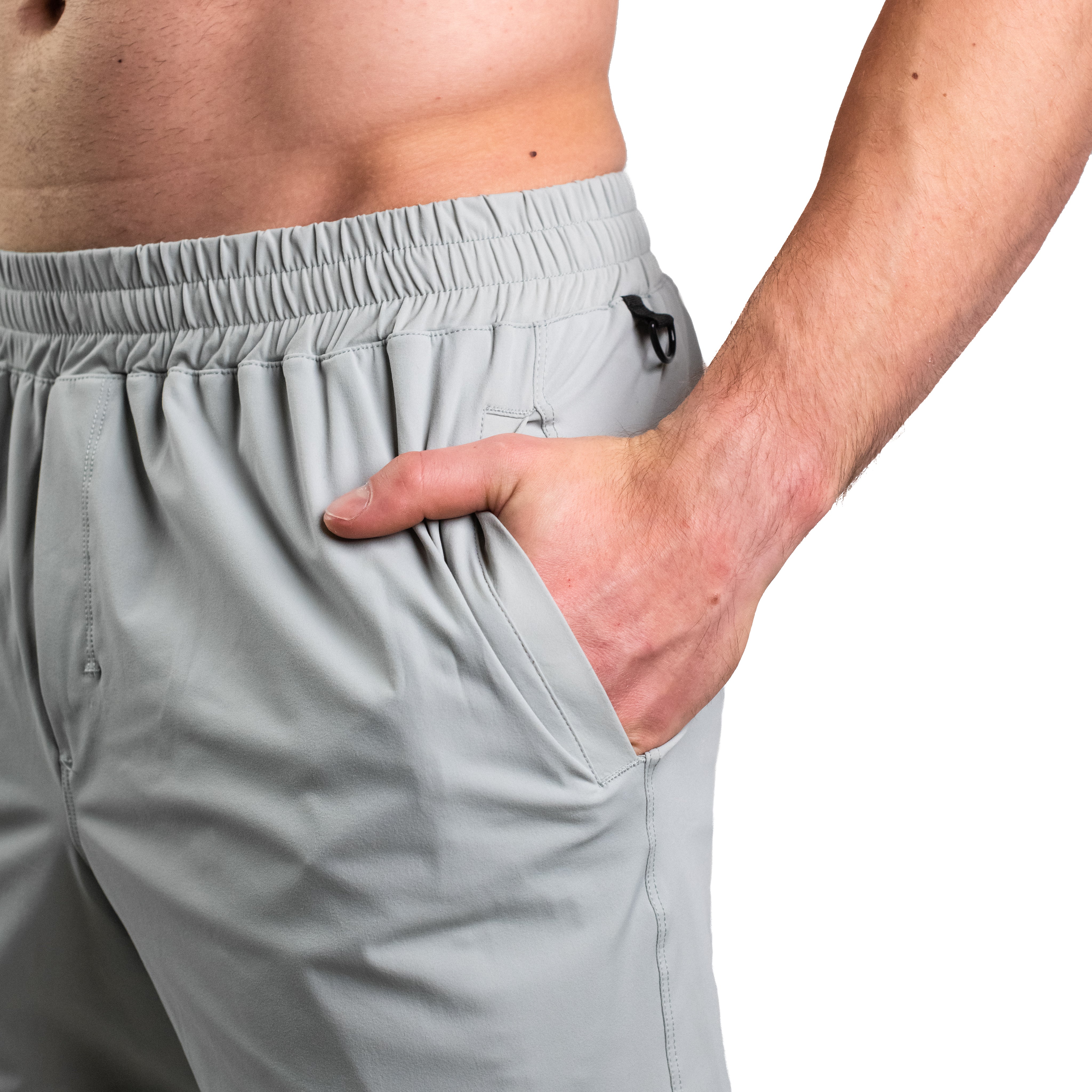 Ripstop nylon pocket and hidden mini wallet pocket on Light Gray 360Go Shorts for secure, on-the-go storage.