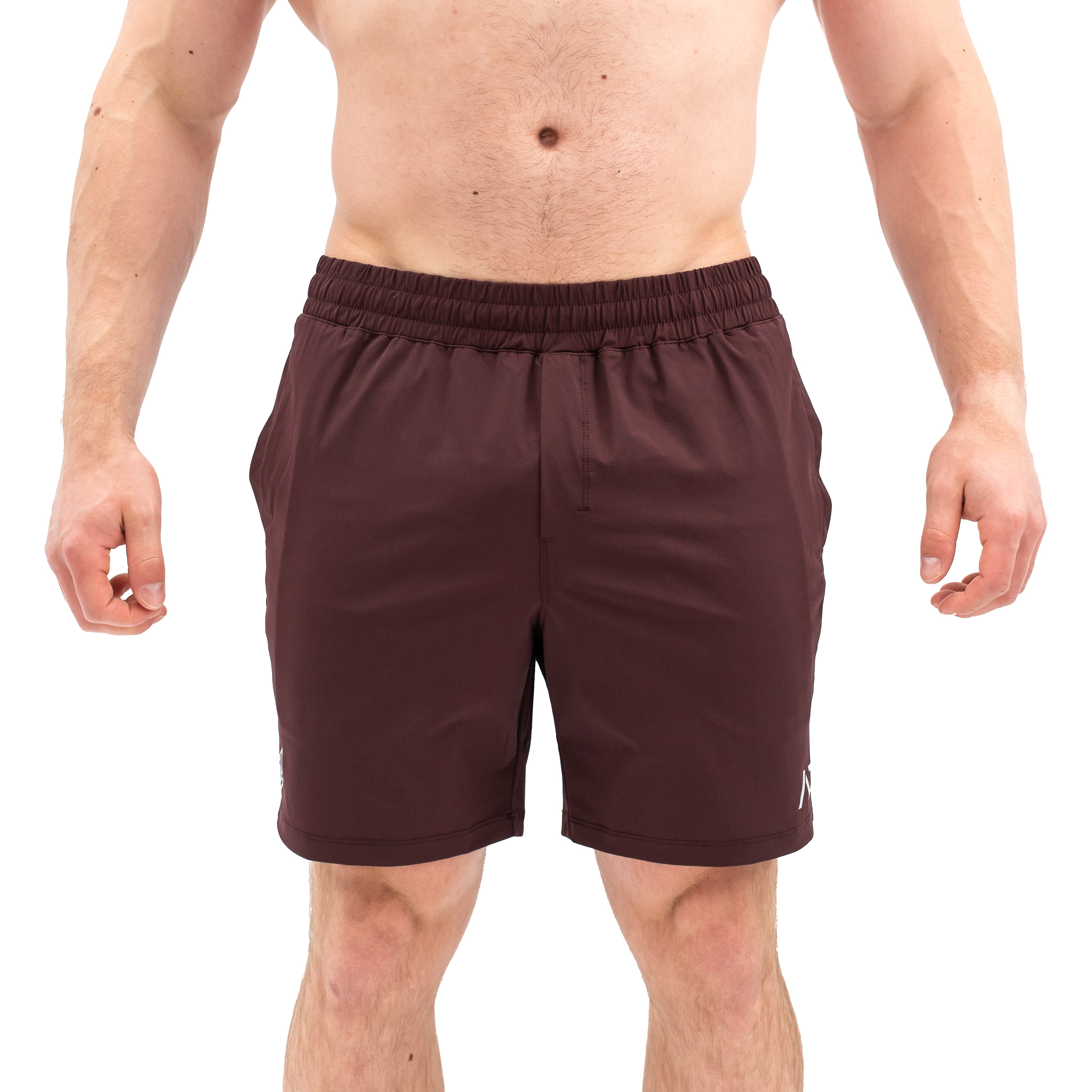 Front view of A7 360Go Shorts in Mahogany, Regular inseam, featuring deep red tone, wide waistband, and performance fit.