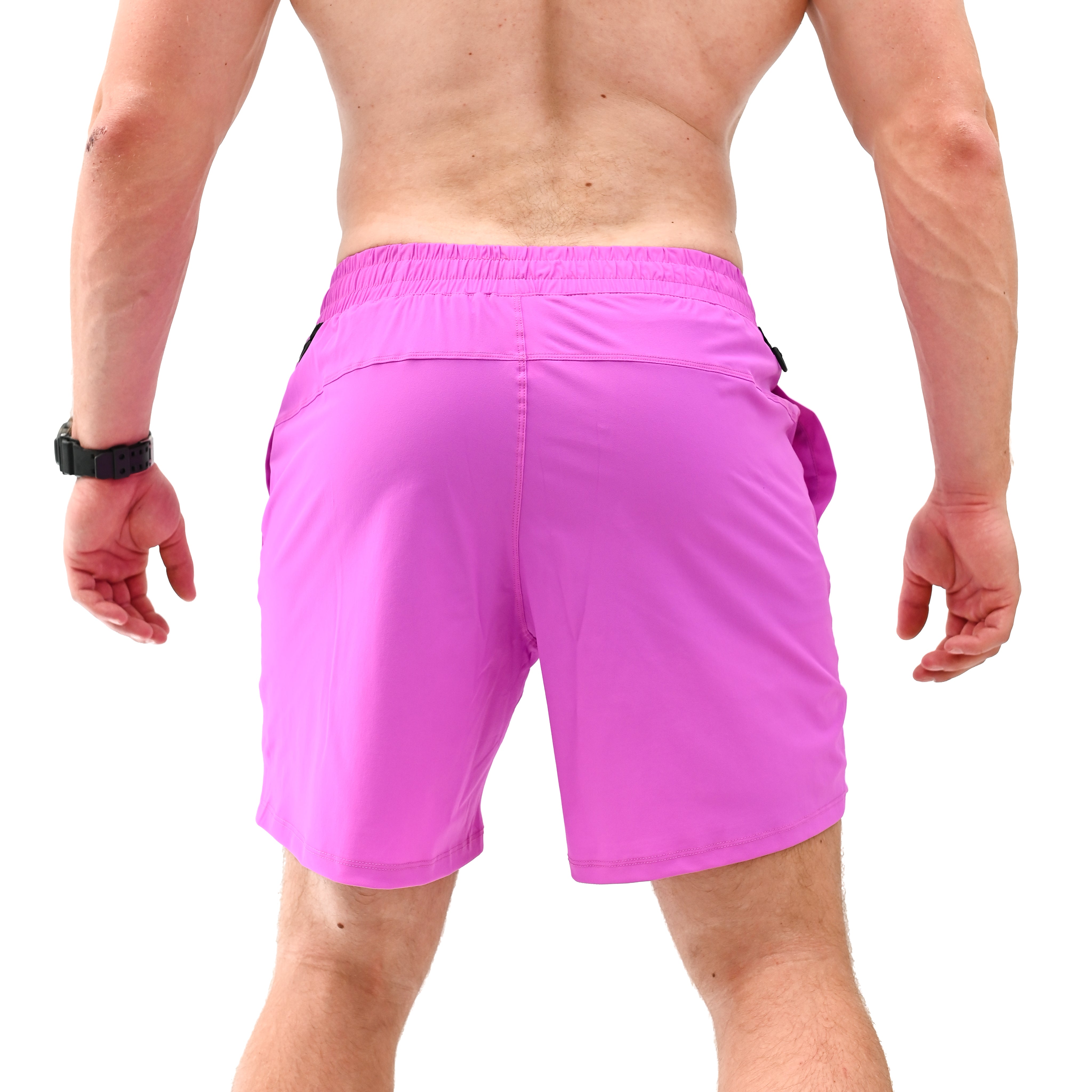 Rear view of A7 360Go Shorts in Orchid with ripstop loop-through pockets and clean athletic silhouette.