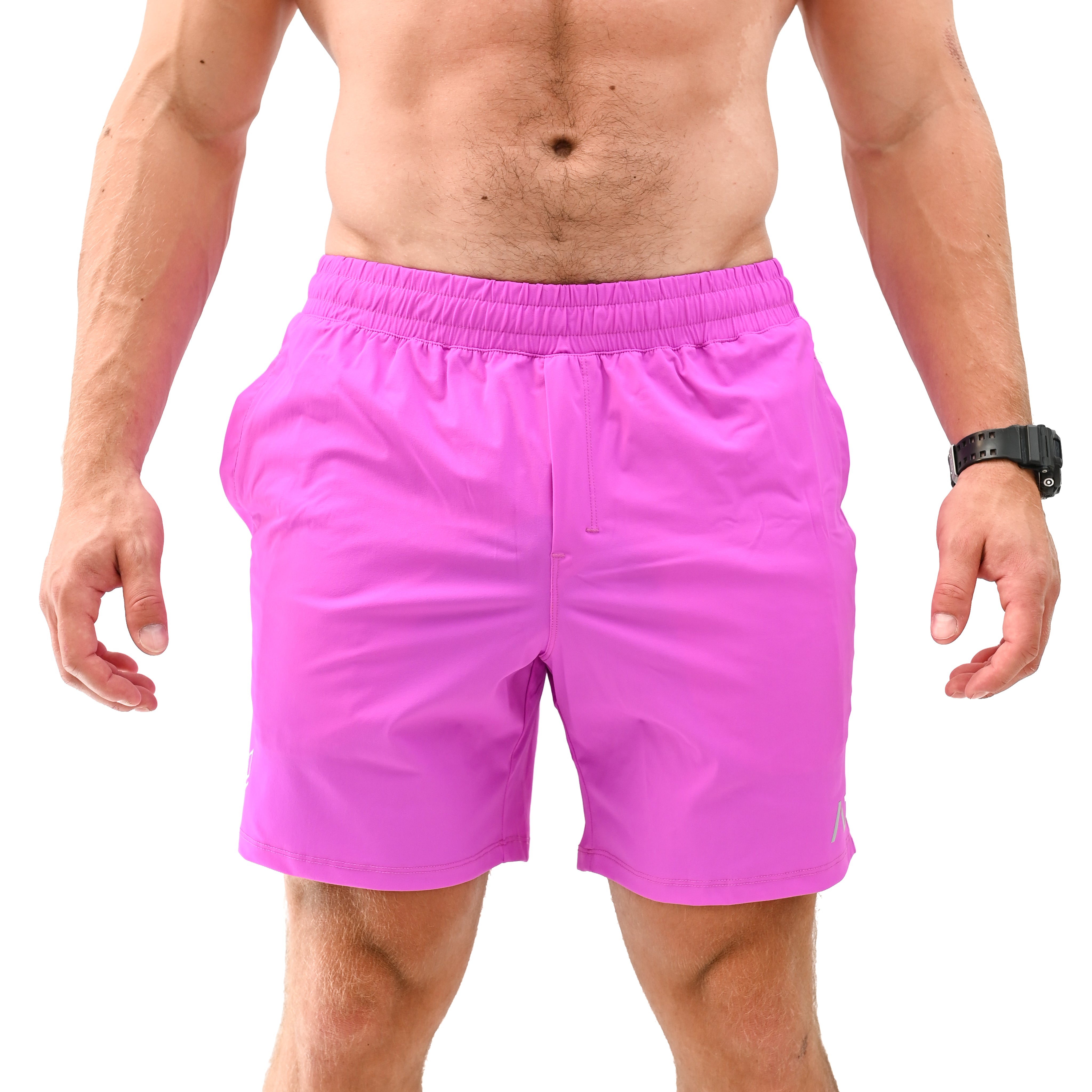 Front view of A7 360Go Shorts in Orchid lavender, Regular inseam, featuring wide waistband and performance fit.