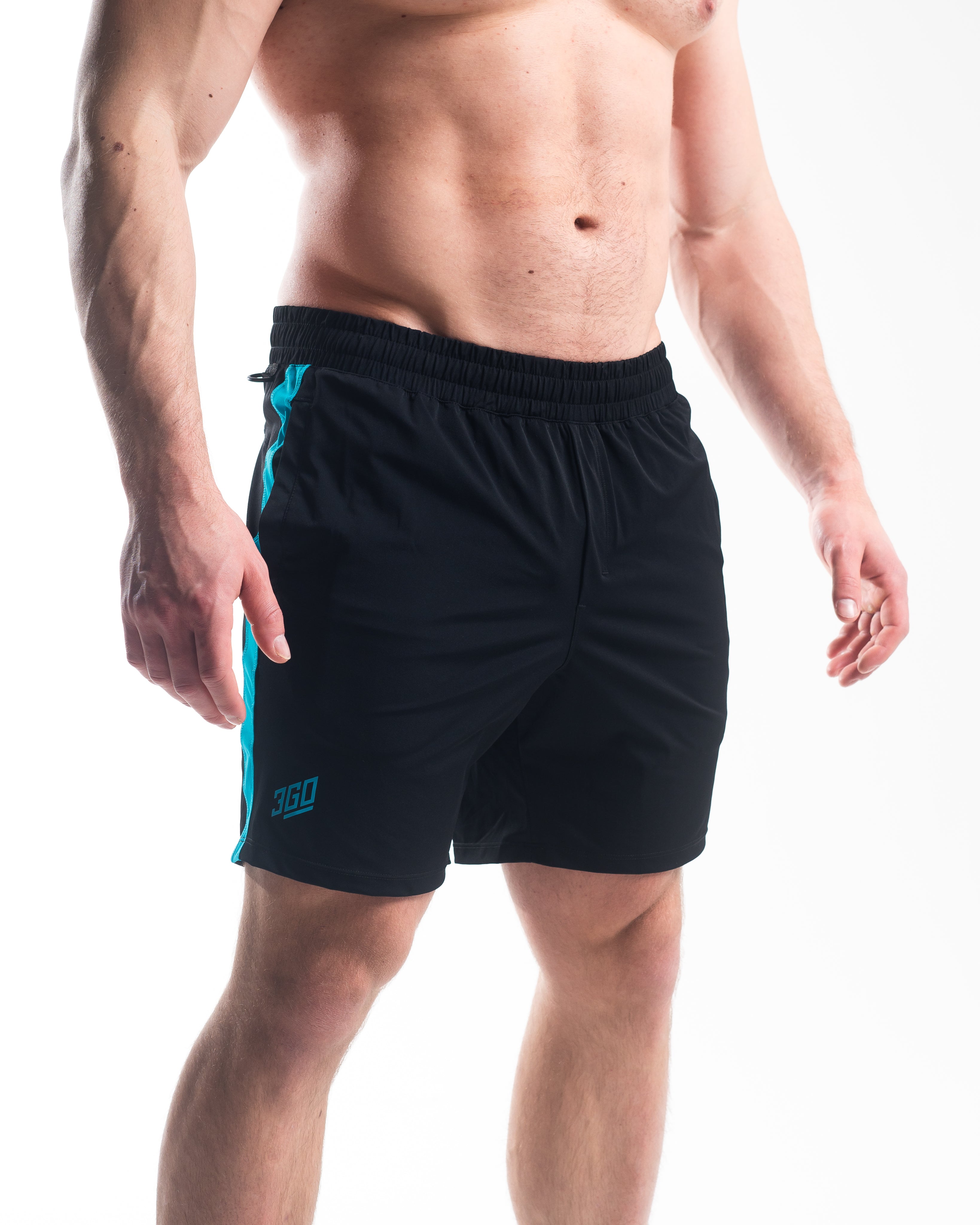 Front view of A7 360Go KWD Shorts in Azul, featuring bright blue color, wide waistband, and short inseam athletic fit.