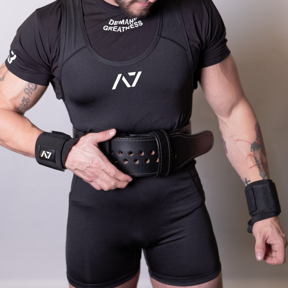 Front view of A7 Classic Singlet in Black, showing minimalist IPF-approved design with tapered athletic fit.