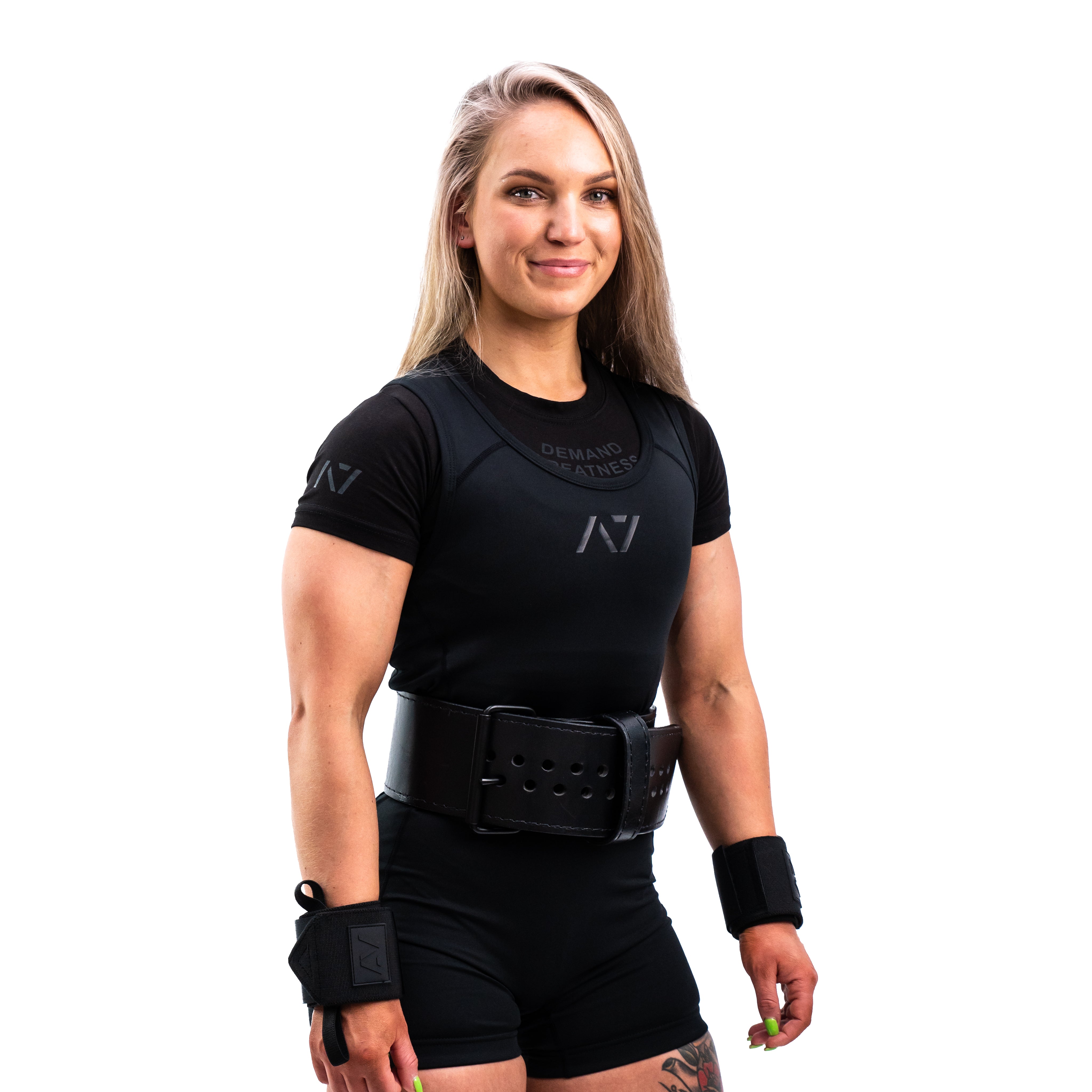 Front view of A7 Classic Singlet – Stealth showing minimalist black design, tapered cut, and IPF-approved construction.