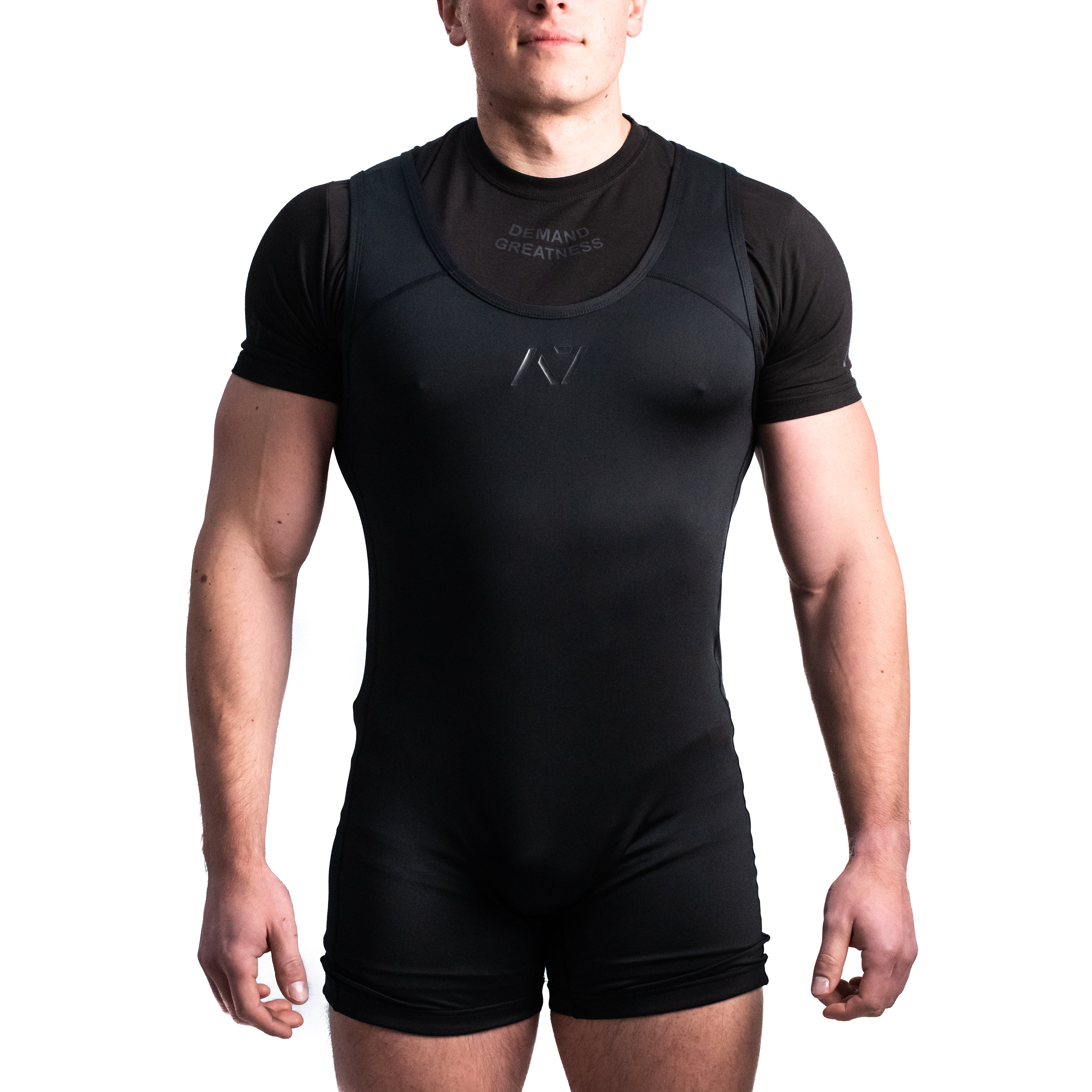 Front view of A7 Classic Singlet – Stealth showing minimalist black design, tapered cut, and IPF-approved construction.