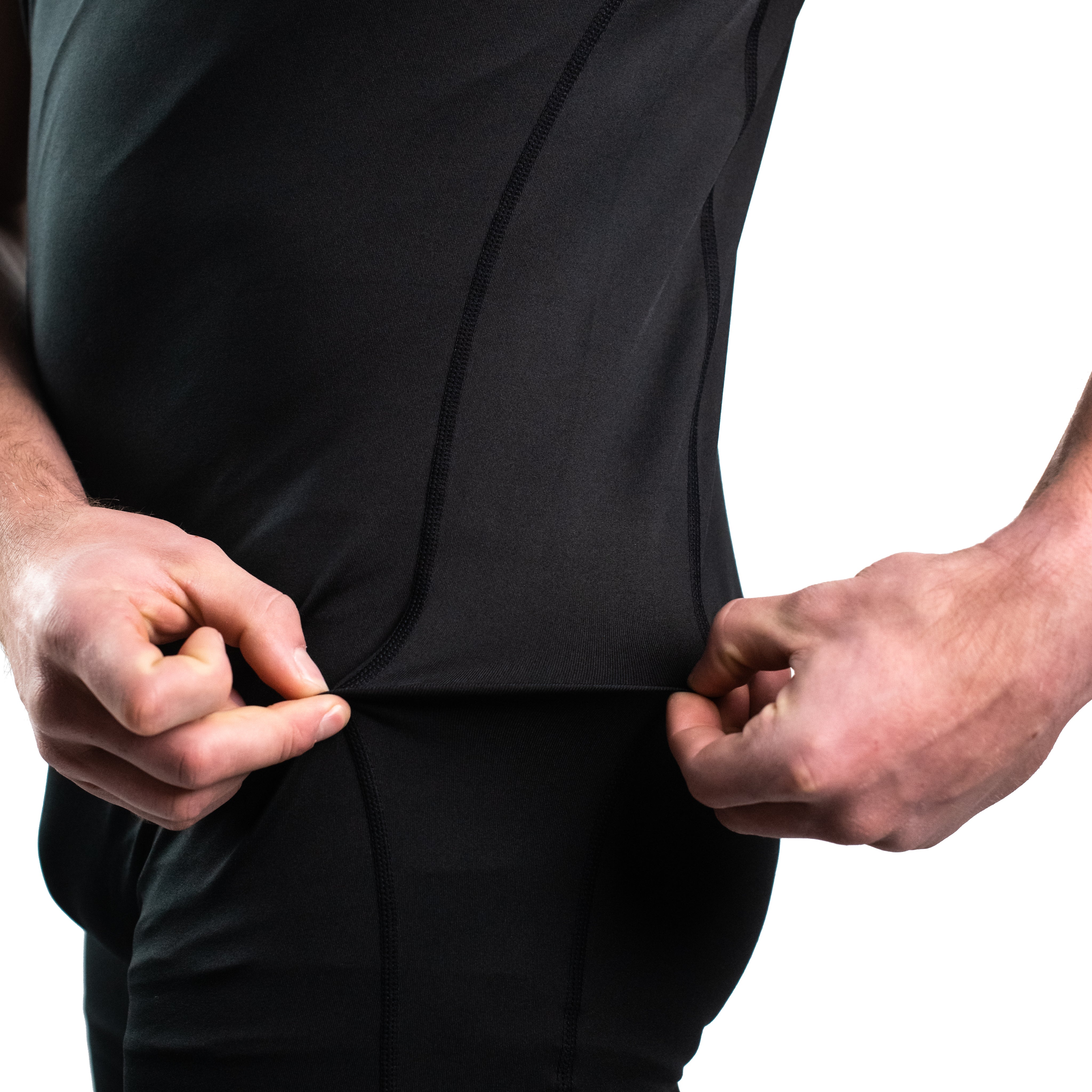 Close-up of flatlock side seams on the A7 Classic Singlet – Stealth, designed to reduce friction and enhance comfort during lifting.