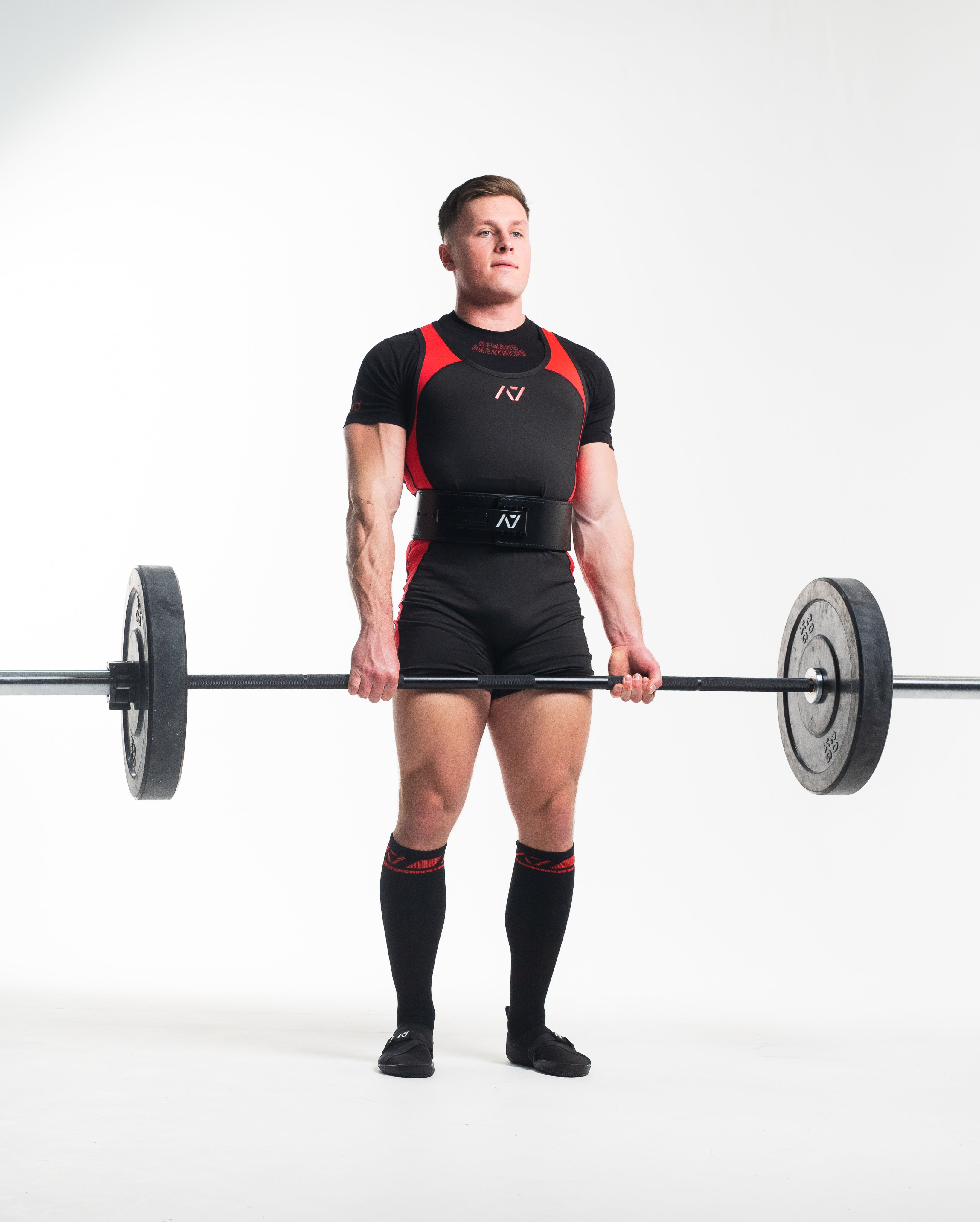 Front view of A7 Deadlift Socks – Red Dawn, displaying knee‑high length and ribbed cuff design.