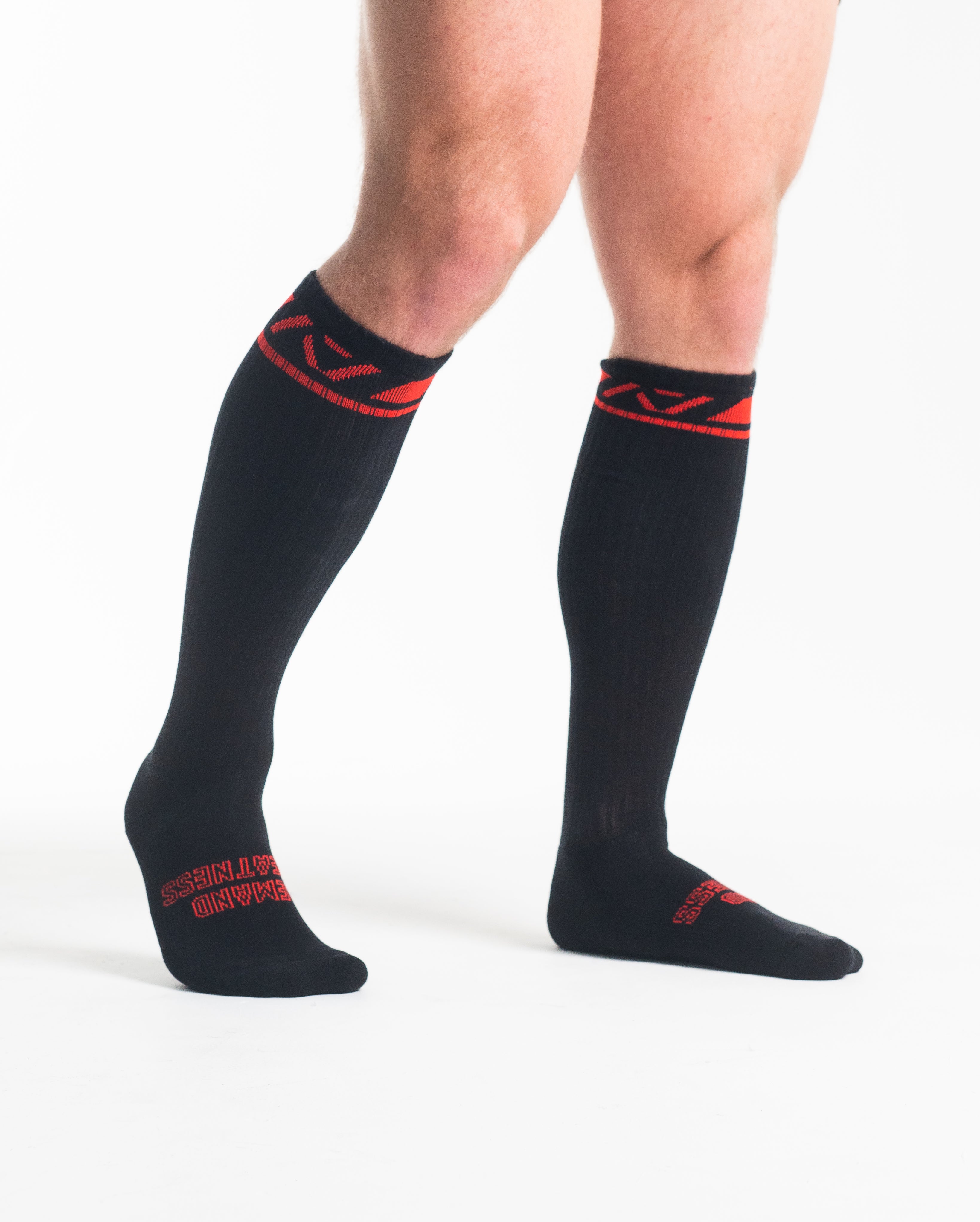 Side profile of A7 Deadlift Socks – Red Dawn, highlighting the A7 ankle logo and compression fit.