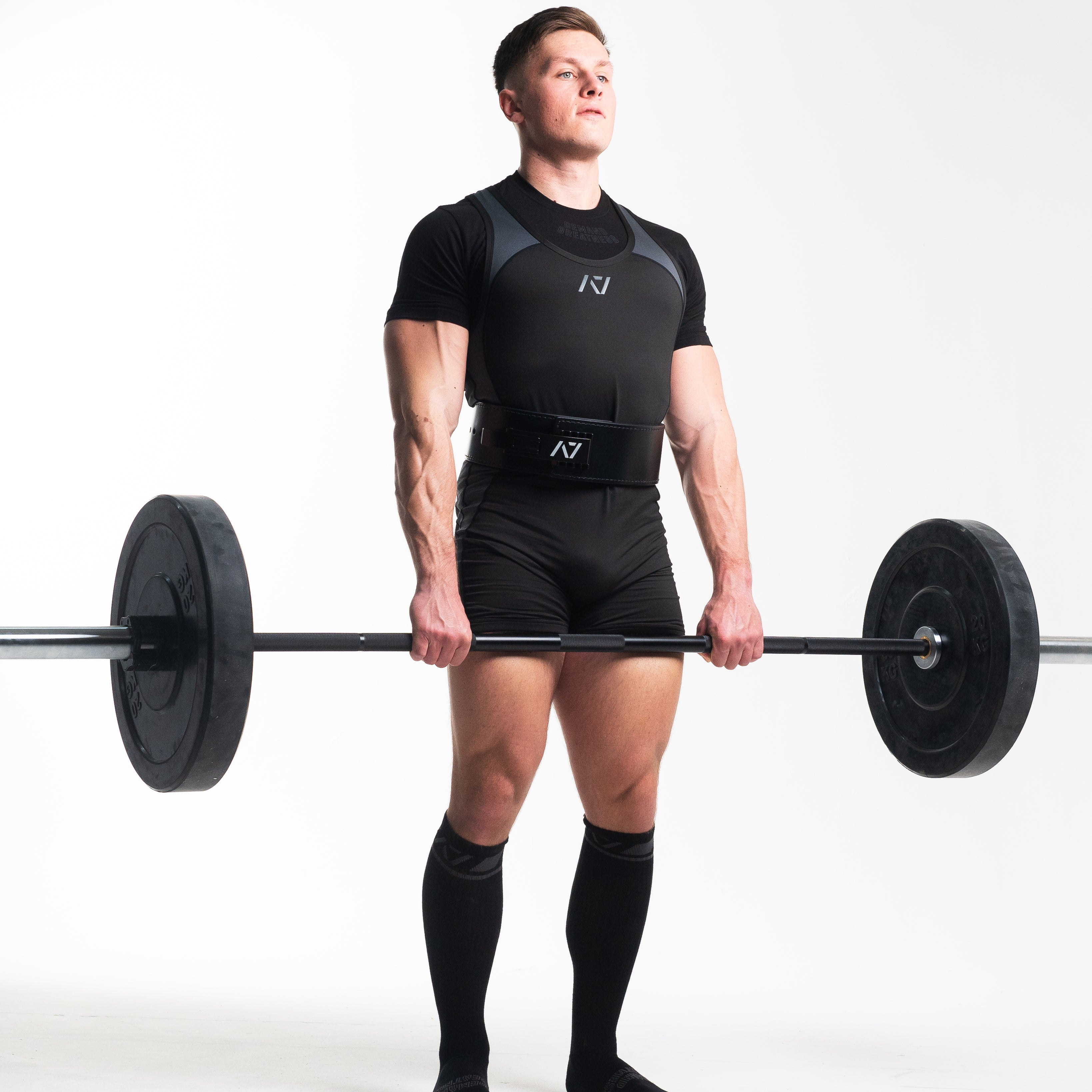 Front view of A7 Deadlift Socks – Shadow Stone featuring mid‑shin length and ribbed cuff design.
