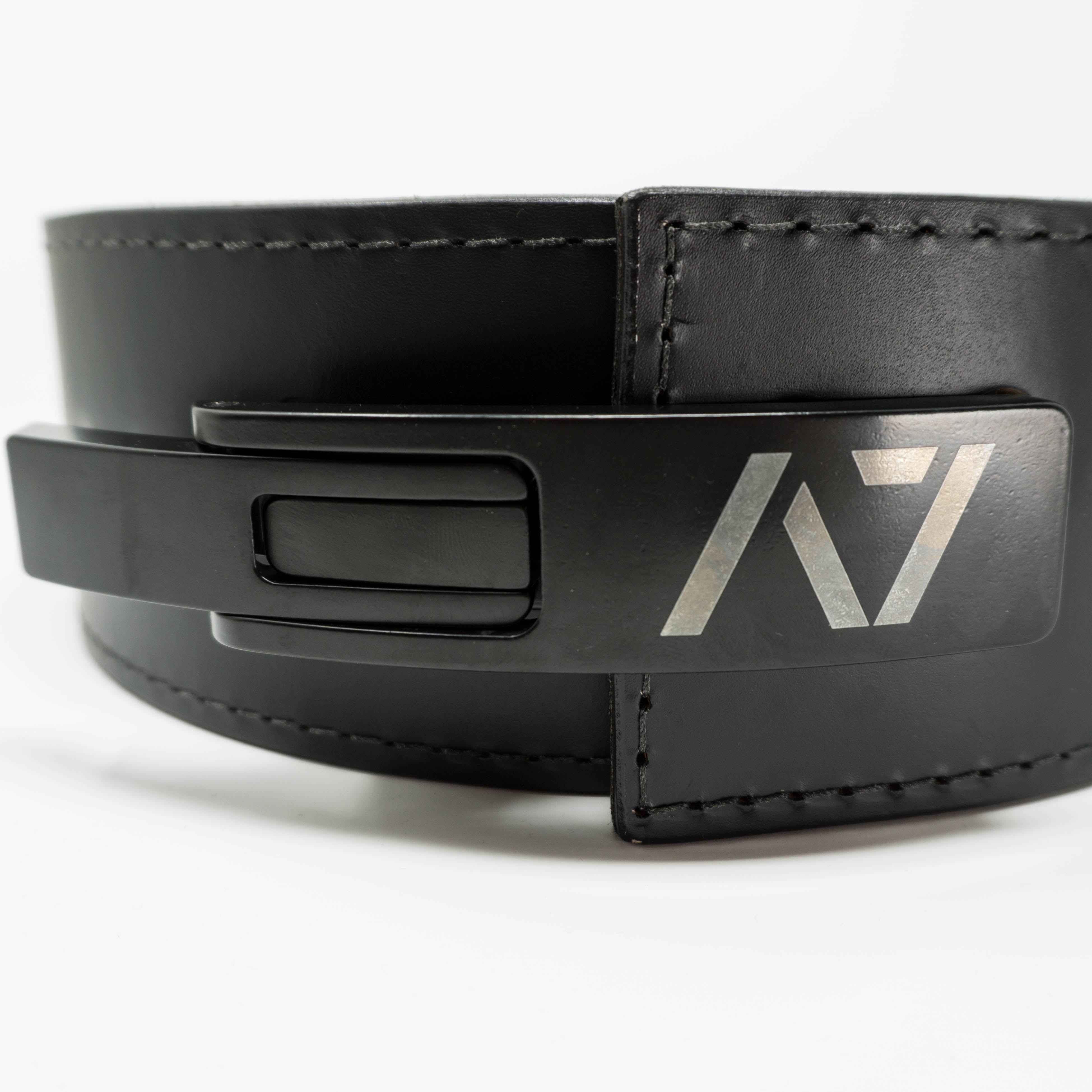 Front view of A7 Lever Buckle in matte black showing clean profile and stainless steel construction.