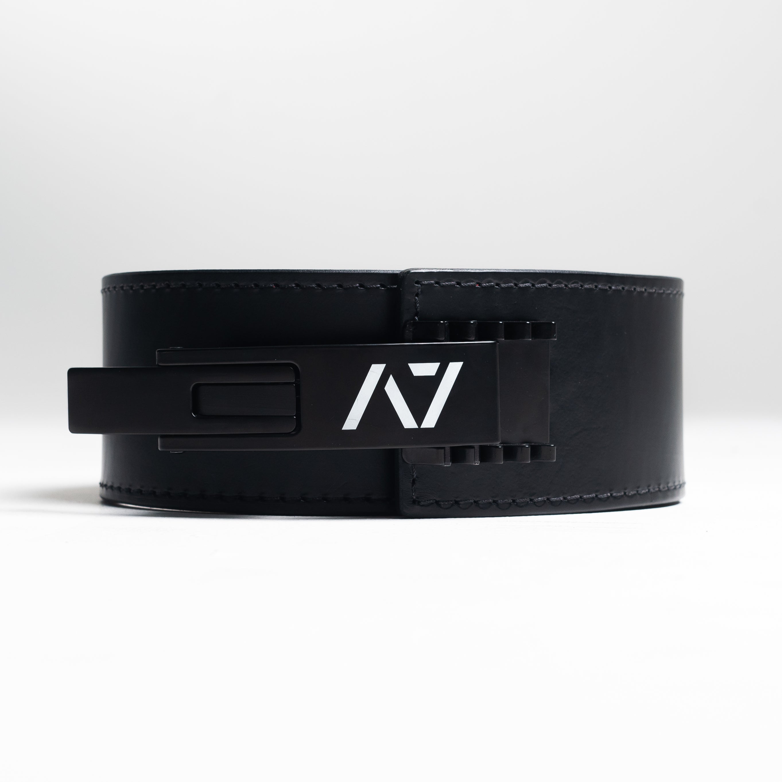 A7 PAL Buckle mounted on a leather lifting belt, showcasing fit and adjustable tension capability.