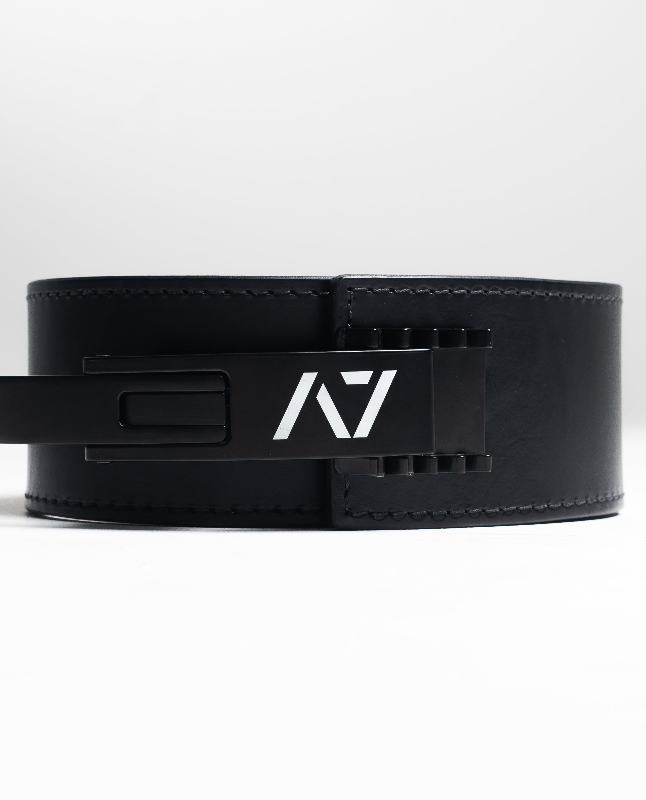 A7 PAL Buckle mounted on a leather lifting belt, showcasing fit and adjustable tension capability.