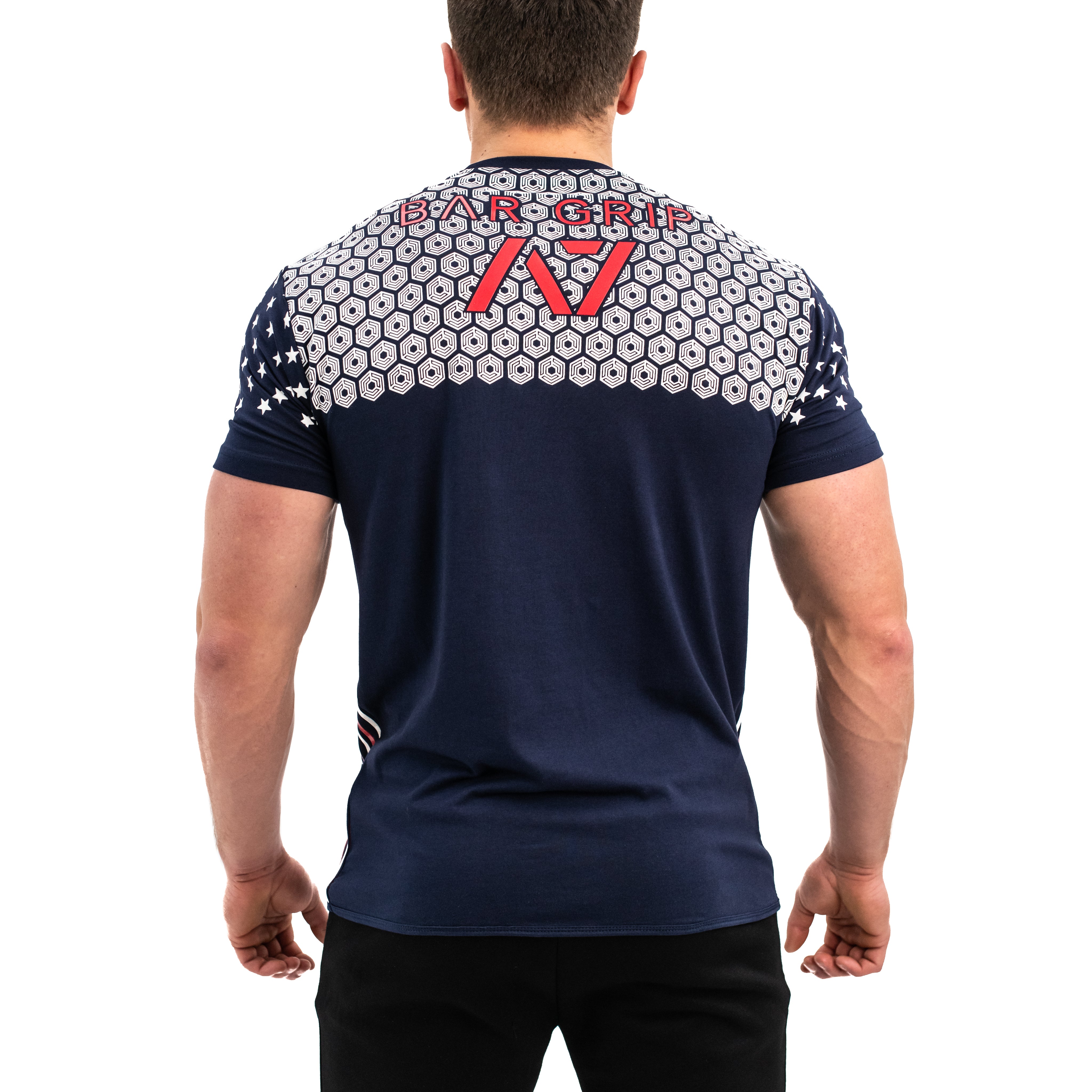 Back view of Americana Strongman Bar Grip Men's Shirt showcasing Bar Grip Premium technology.