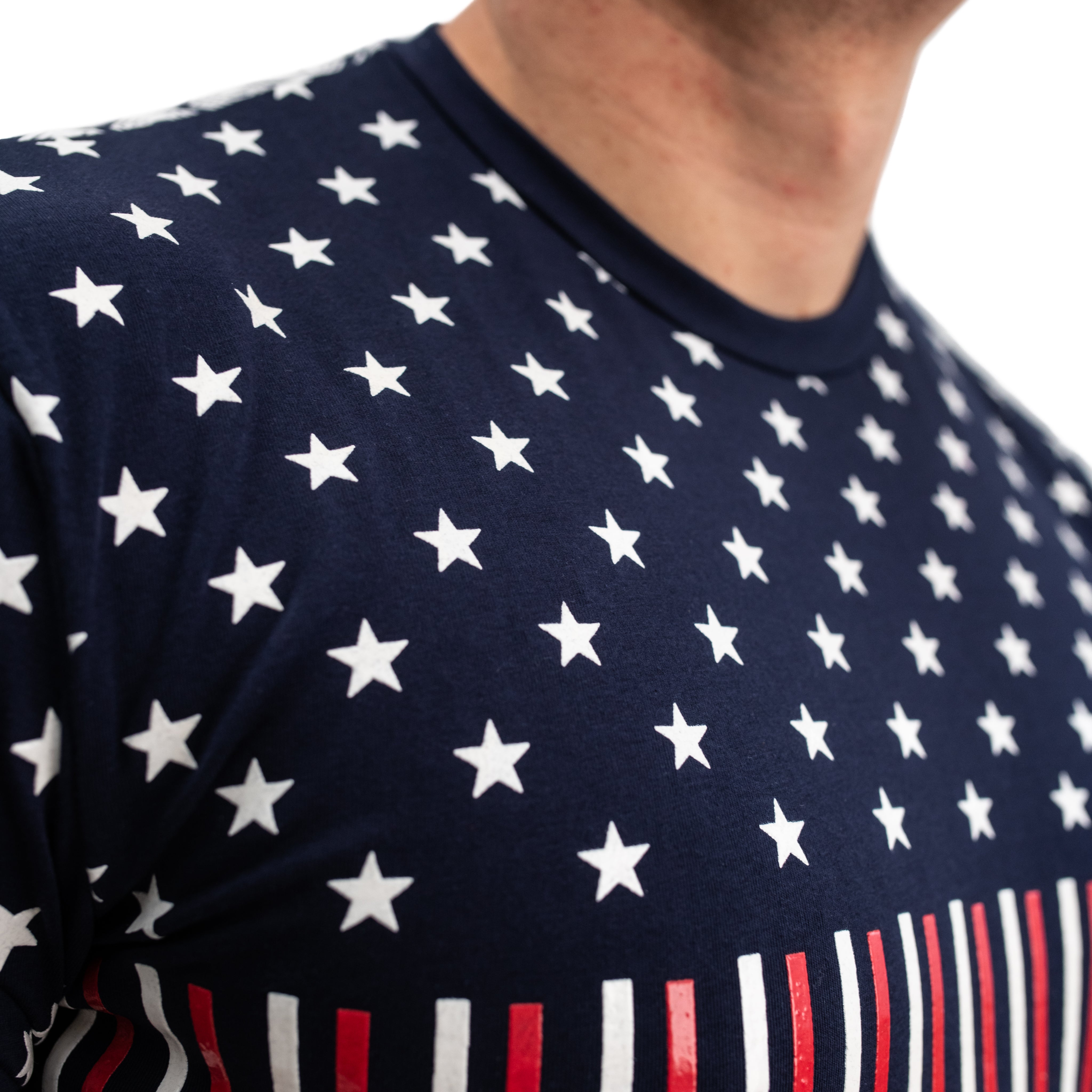 Close-up of Bar Grip print and textured grip surface on the Americana Strongman Shirt, highlighting the patriotic design and functional strongman grip placement.