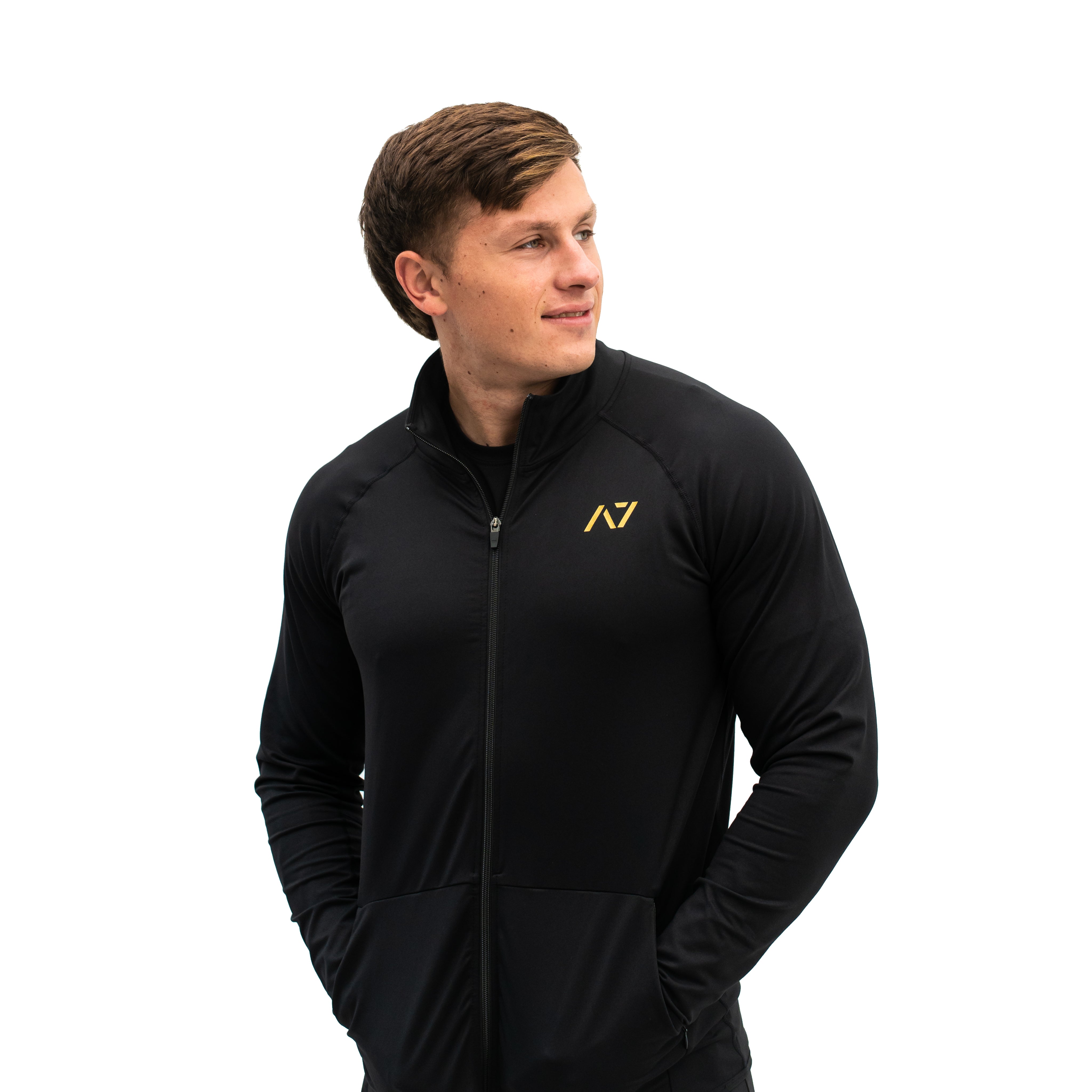 Front view of Defy Jacket – Gold Standard with zip-up collar and gold A7 logo.