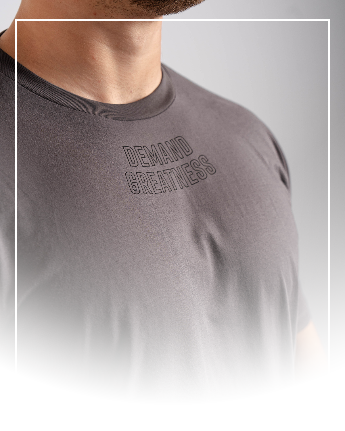 Gray IPF approved meet shirt with 'DEMAND GREATNESS' text